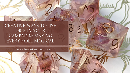Pink translucent dice with gold numbers on a floral background, promoting creative dice use in tabletop RPG campaigns.