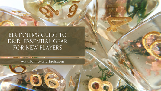 "Beginner's Guide to D&D: Essential Gear for New Players, featuring translucent dice with numbers, by fennekandfinch.com"