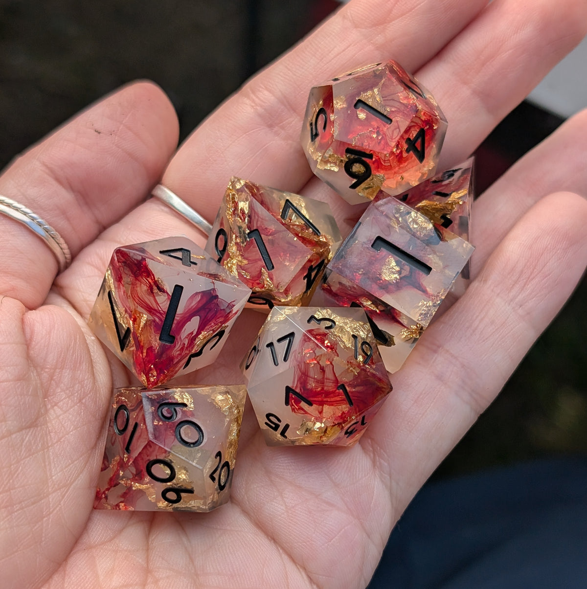 Blood Effect Sharp Edge DnD Dice Set - White & Red - Crimson Relic
