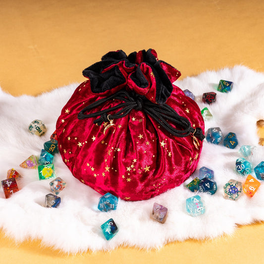 Starry Red and Black Dice Bag – Multi-Pocket Velvet Pouch with Moon Charms Fennek and Finch