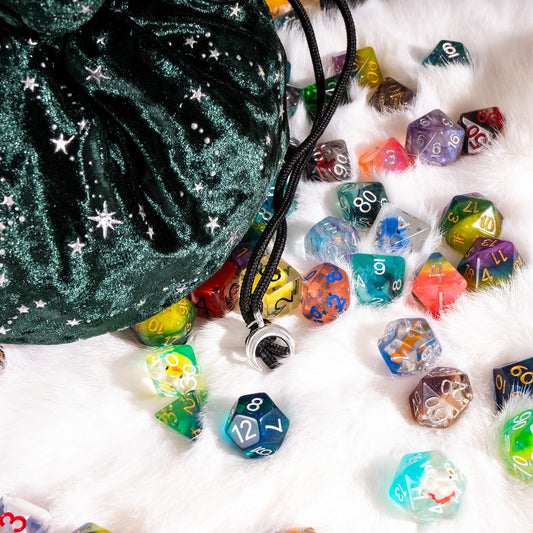 Starry Forest Green Dice Bag – Multi-Pocket Velvet Pouch with Moon Charms Fennek and Finch