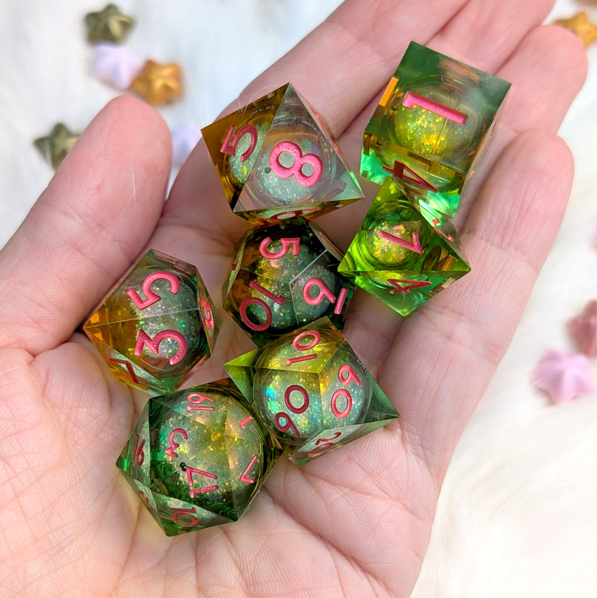 Green and Orange Liquid Core DnD Dice Set - Feywild Fizz