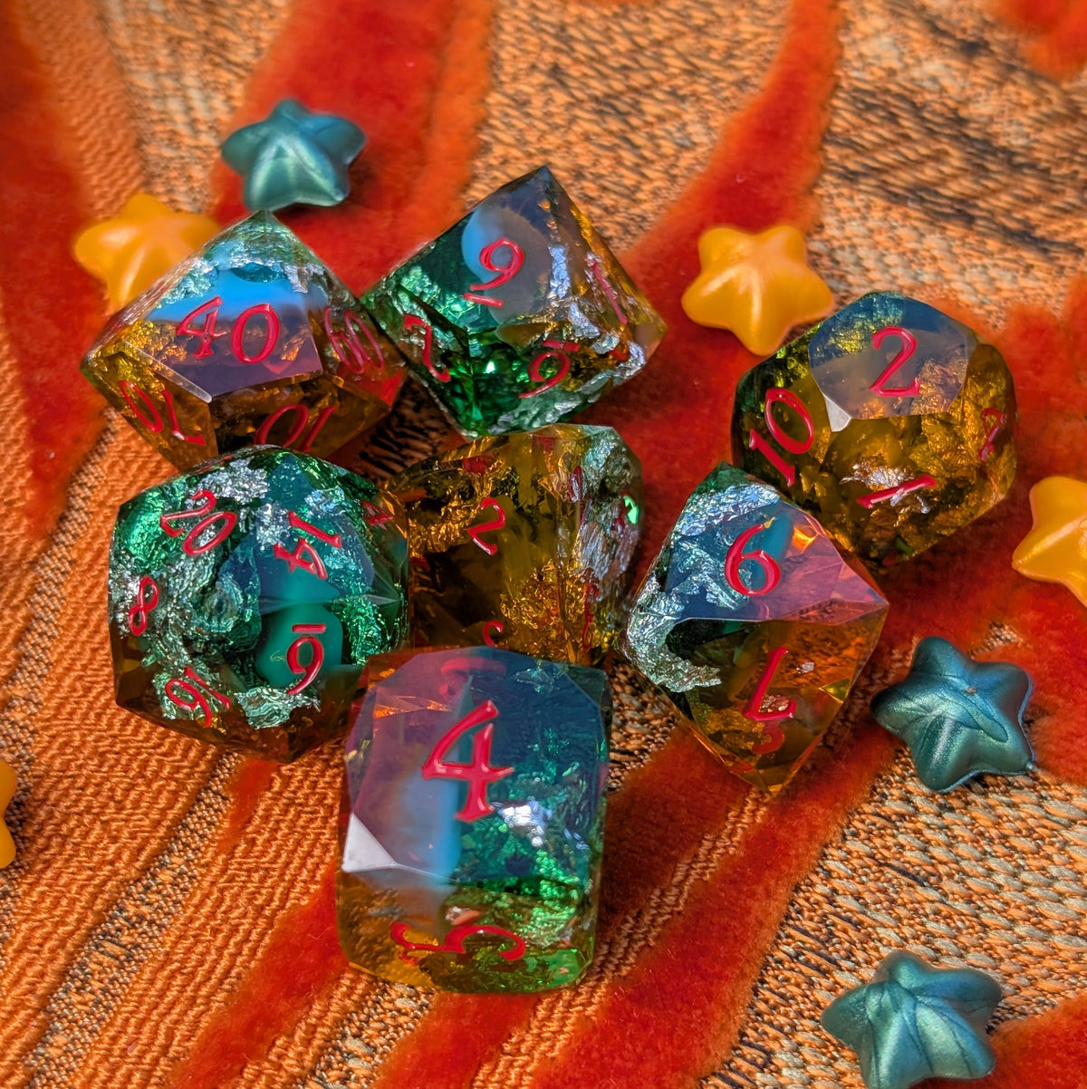 Diamond Cut DnD Dice Set - Green & Orange Resin - Harvest Hex