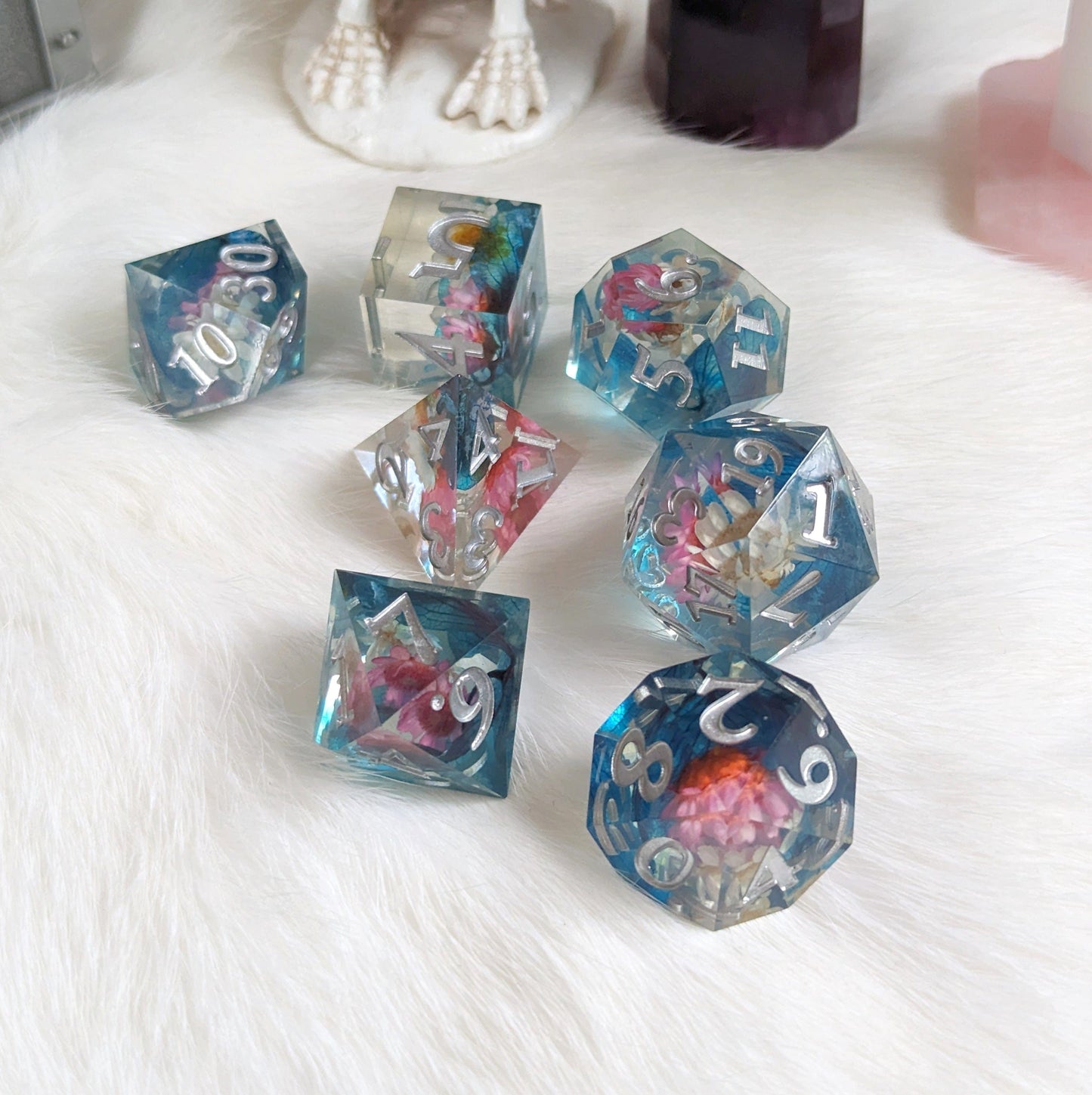 Pink, White, and Blue Flower DnD Dice Set Dice Sets & Games Fennek and Finch