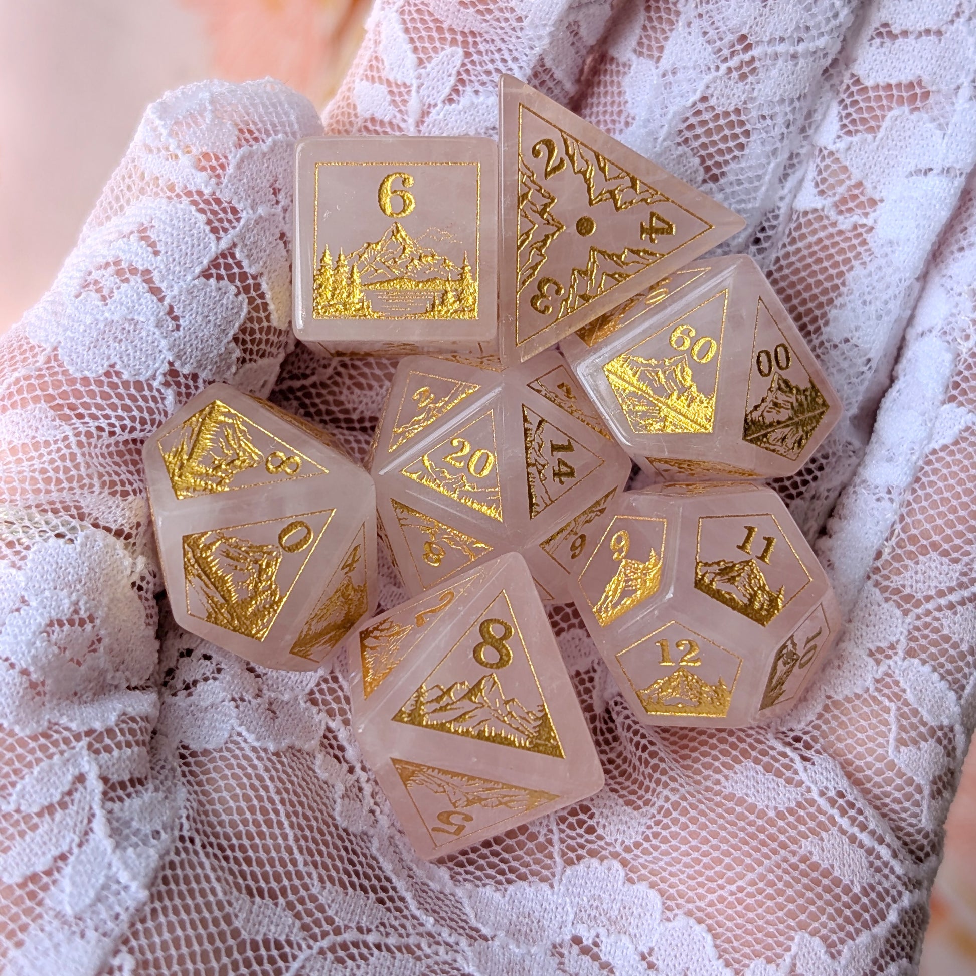 Everwild – Rose Quartz Gemstone Dice Set, Forest and Mountain Etched, TTRPG 7 Piece Dice Fennek and Finch