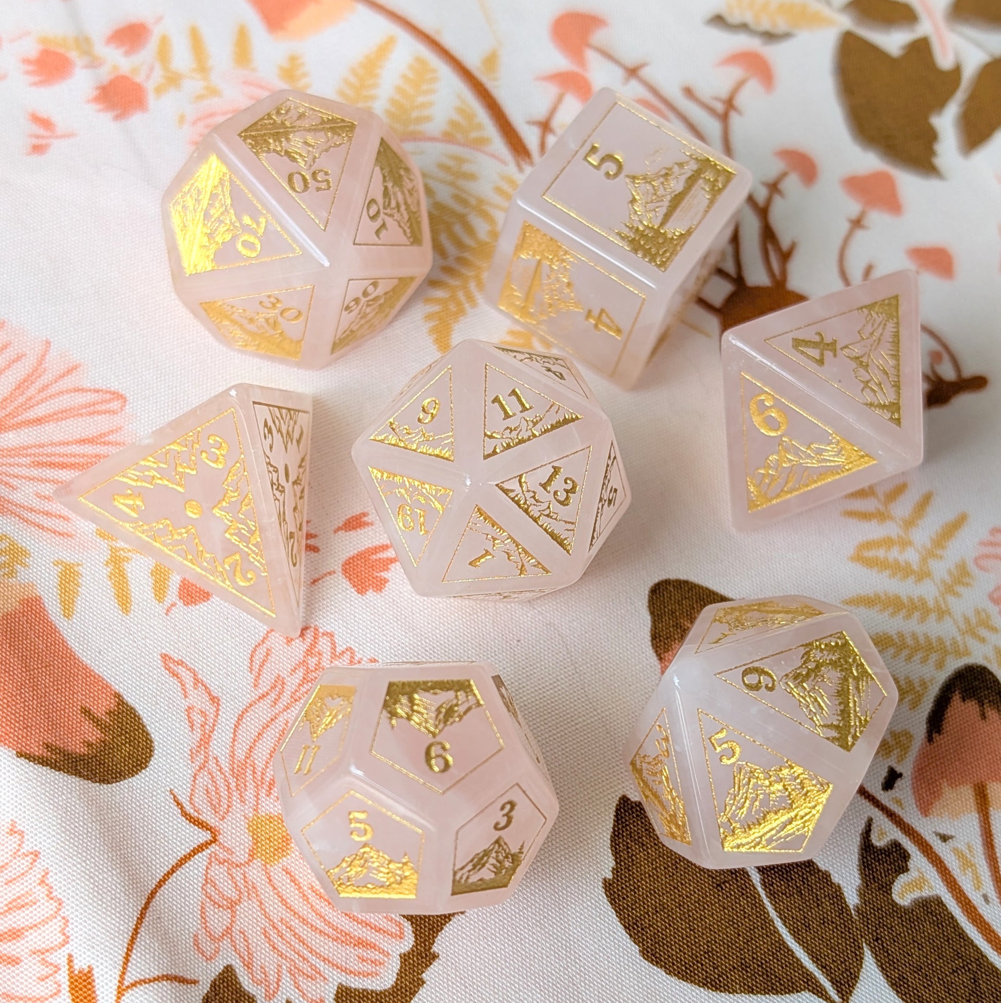 Everwild – Rose Quartz Gemstone Dice Set, Forest and Mountain Etched, TTRPG 7 Piece Dice Fennek and Finch