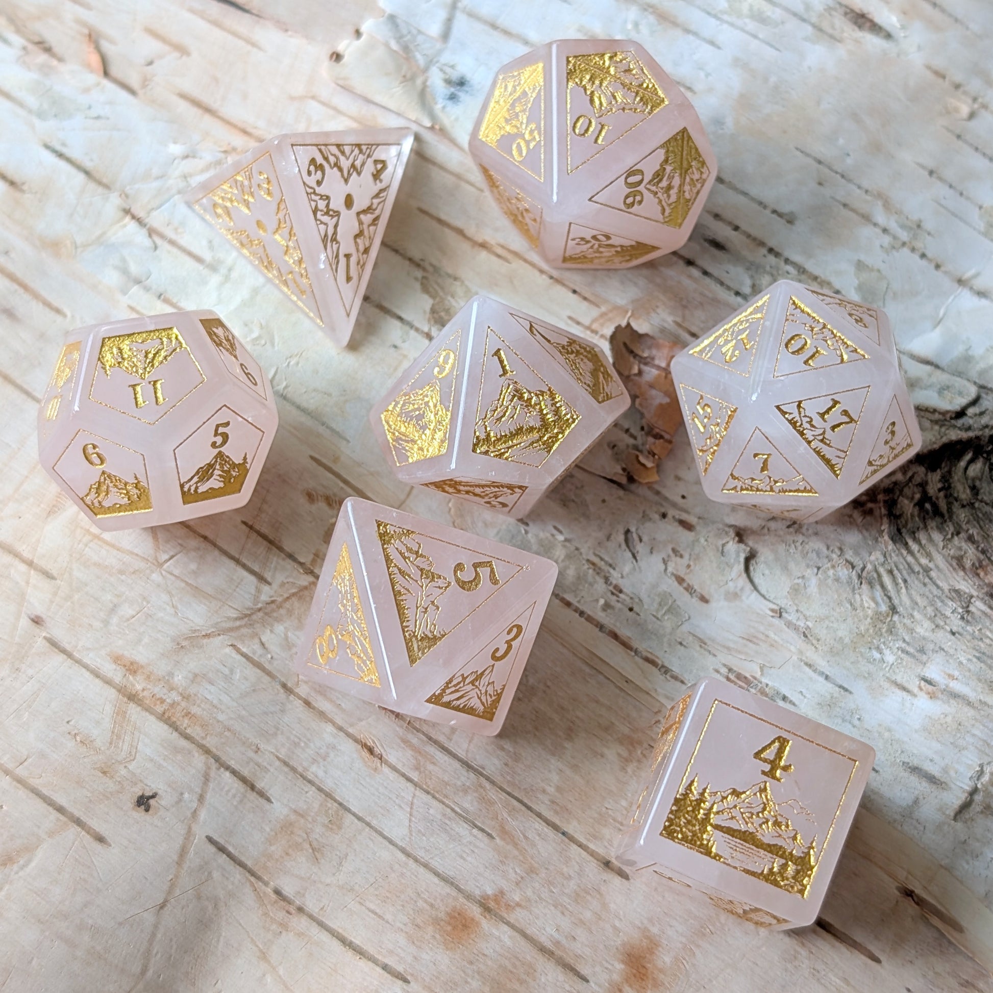 Everwild – Rose Quartz Gemstone Dice Set, Forest and Mountain Etched, TTRPG 7 Piece Dice Fennek and Finch