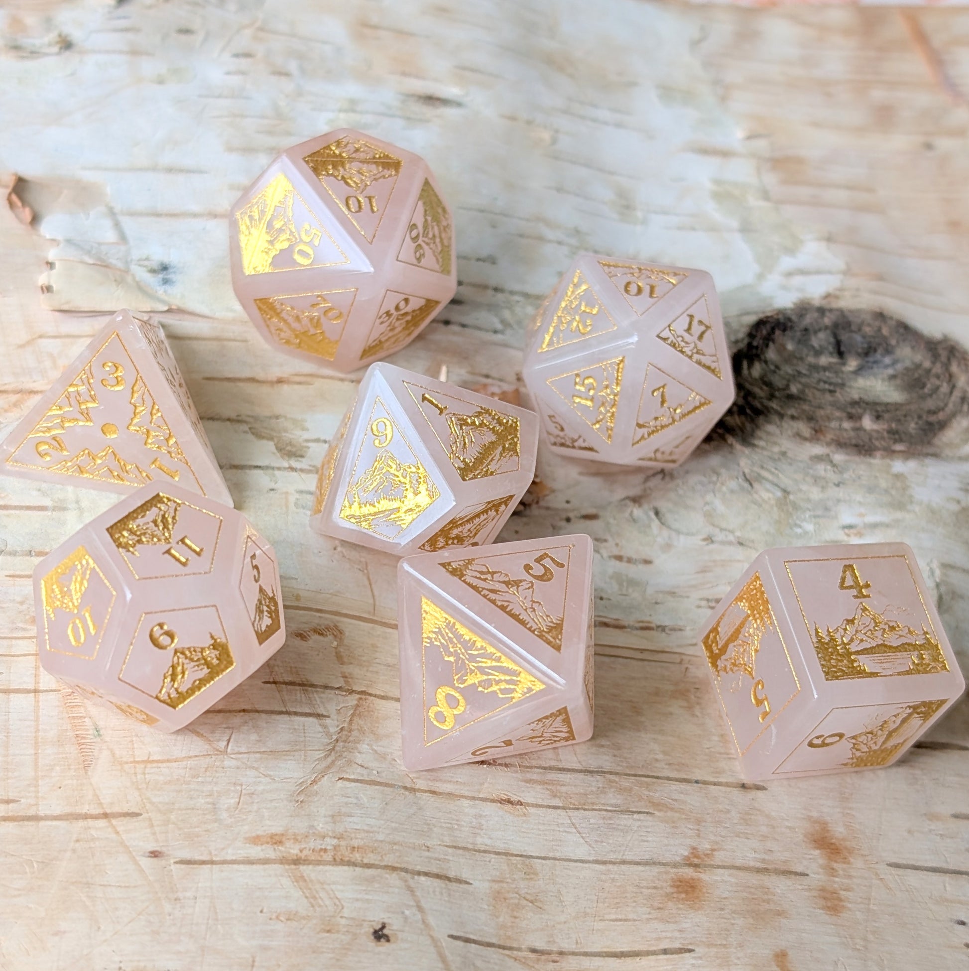 Everwild – Rose Quartz Gemstone Dice Set, Forest and Mountain Etched, TTRPG 7 Piece Dice Fennek and Finch