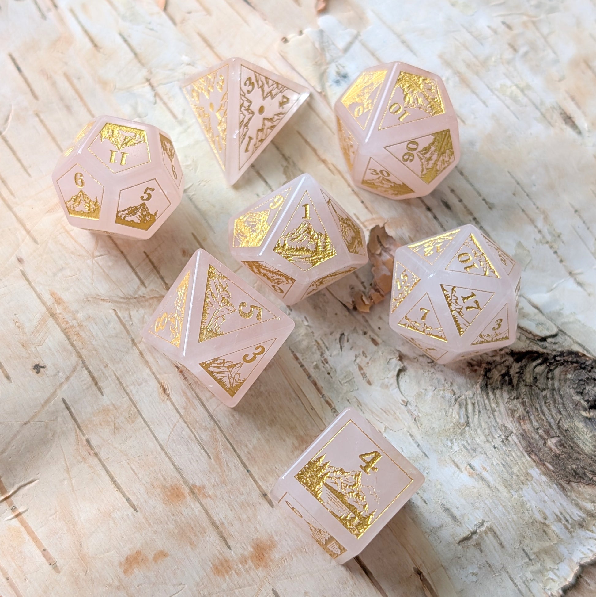 Everwild – Rose Quartz Gemstone Dice Set, Forest and Mountain Etched, TTRPG 7 Piece Dice Fennek and Finch