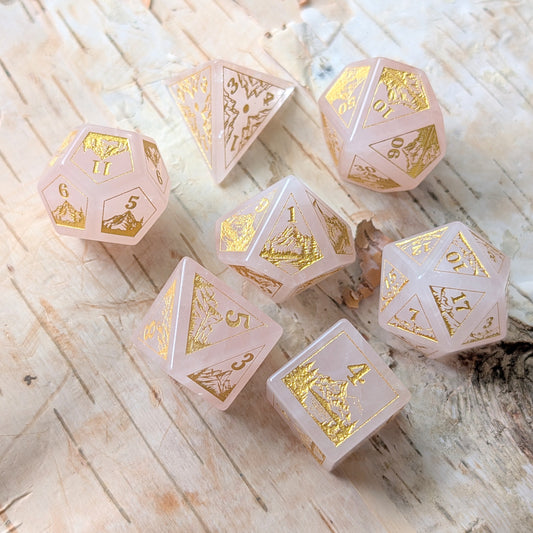 Everwild – Rose Quartz Gemstone Dice Set, Forest and Mountain Etched, TTRPG 7 Piece Dice Fennek and Finch