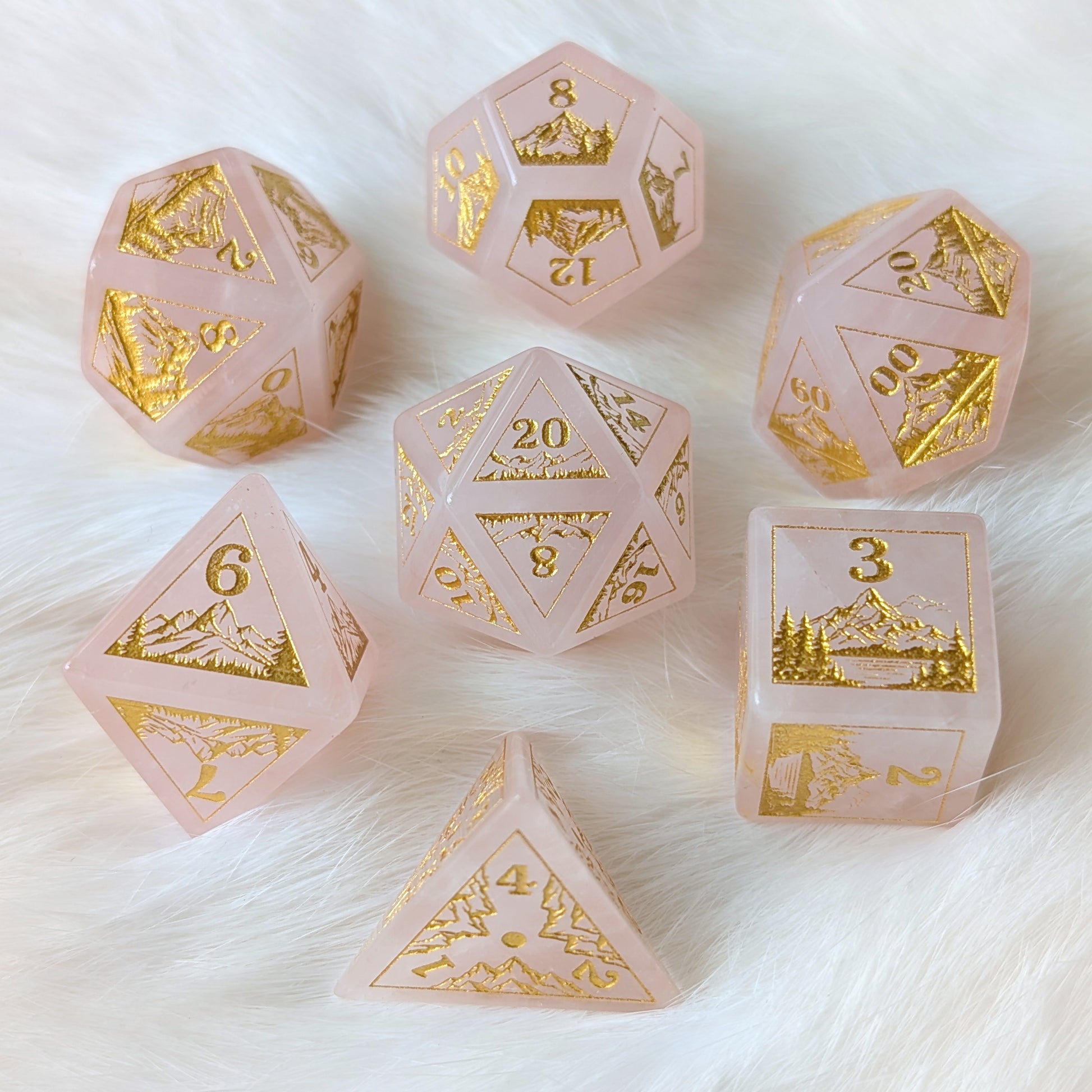 Everwild – Rose Quartz Gemstone Dice Set, Forest and Mountain Etched, TTRPG 7 Piece Dice Fennek and Finch