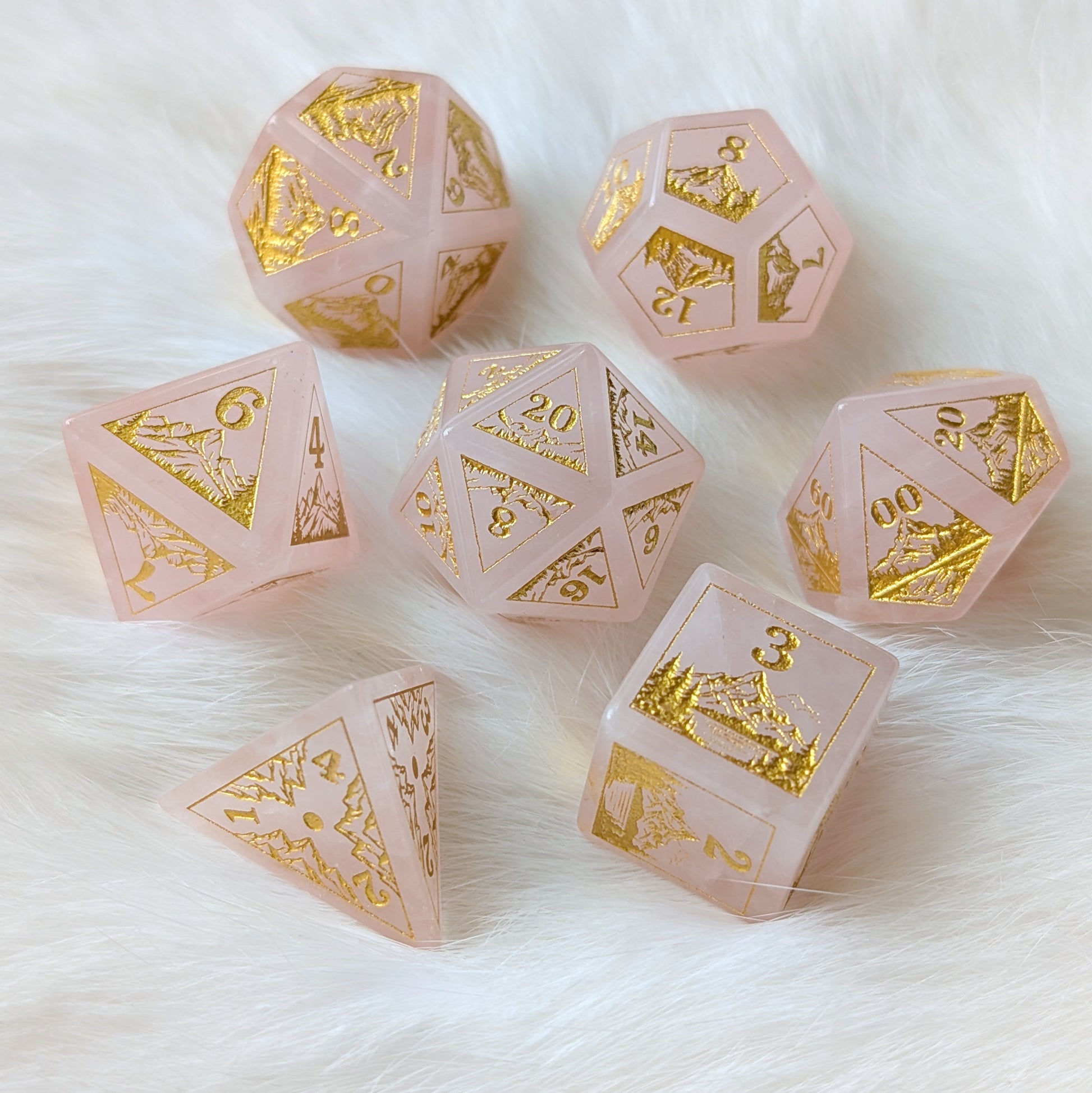 Everwild – Rose Quartz Gemstone Dice Set, Forest and Mountain Etched, TTRPG 7 Piece Dice Fennek and Finch