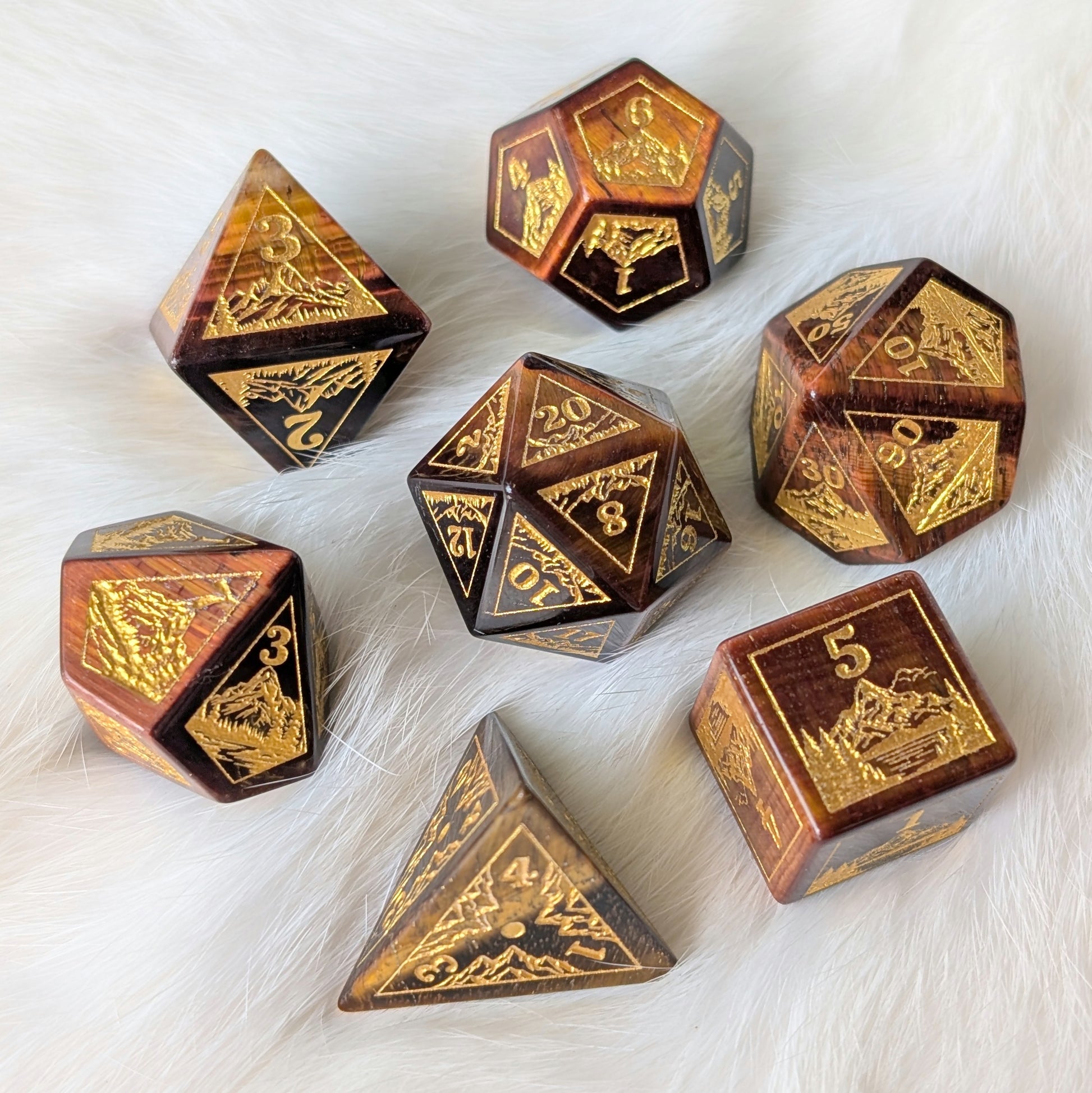 Everwild – Red Tiger Eye Gemstone Dice Set, Forest and Mountain Etched, TTRPG 7 Piece Dice Fennek and Finch