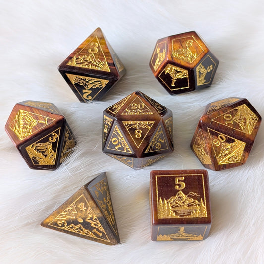 Everwild – Red Tiger Eye Gemstone Dice Set, Forest and Mountain Etched, TTRPG 7 Piece Dice Fennek and Finch