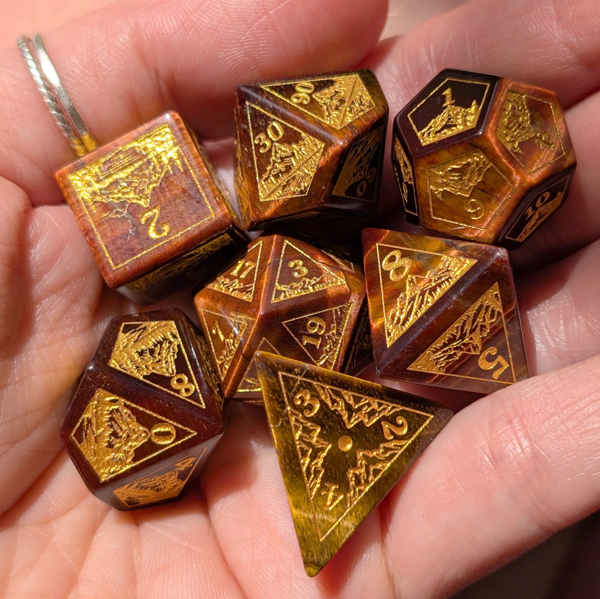 Everwild – Red Tiger Eye Gemstone Dice Set, Forest and Mountain Etched, TTRPG 7 Piece Dice Fennek and Finch