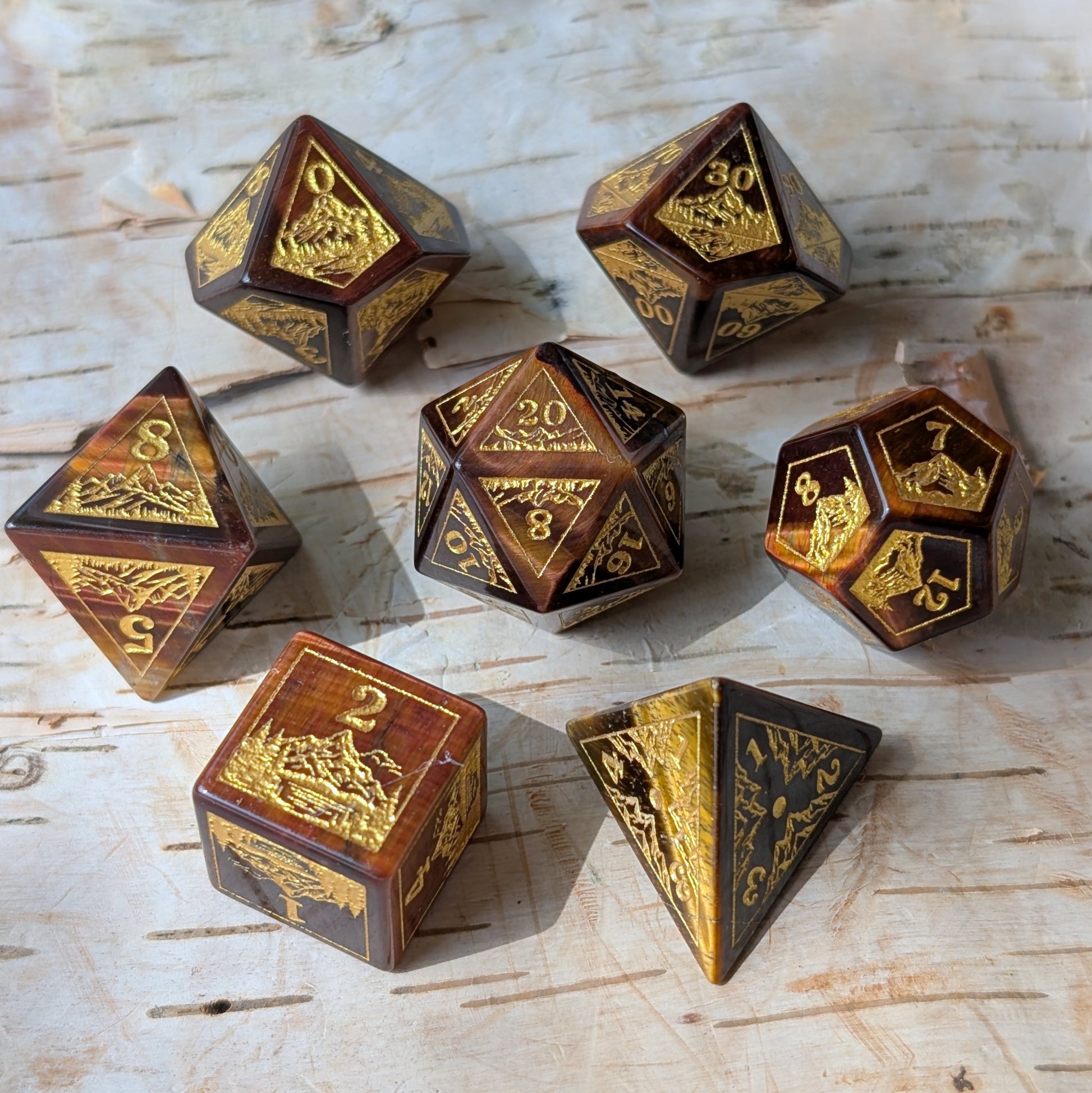 Everwild – Red Tiger Eye Gemstone Dice Set, Forest and Mountain Etched, TTRPG 7 Piece Dice Fennek and Finch