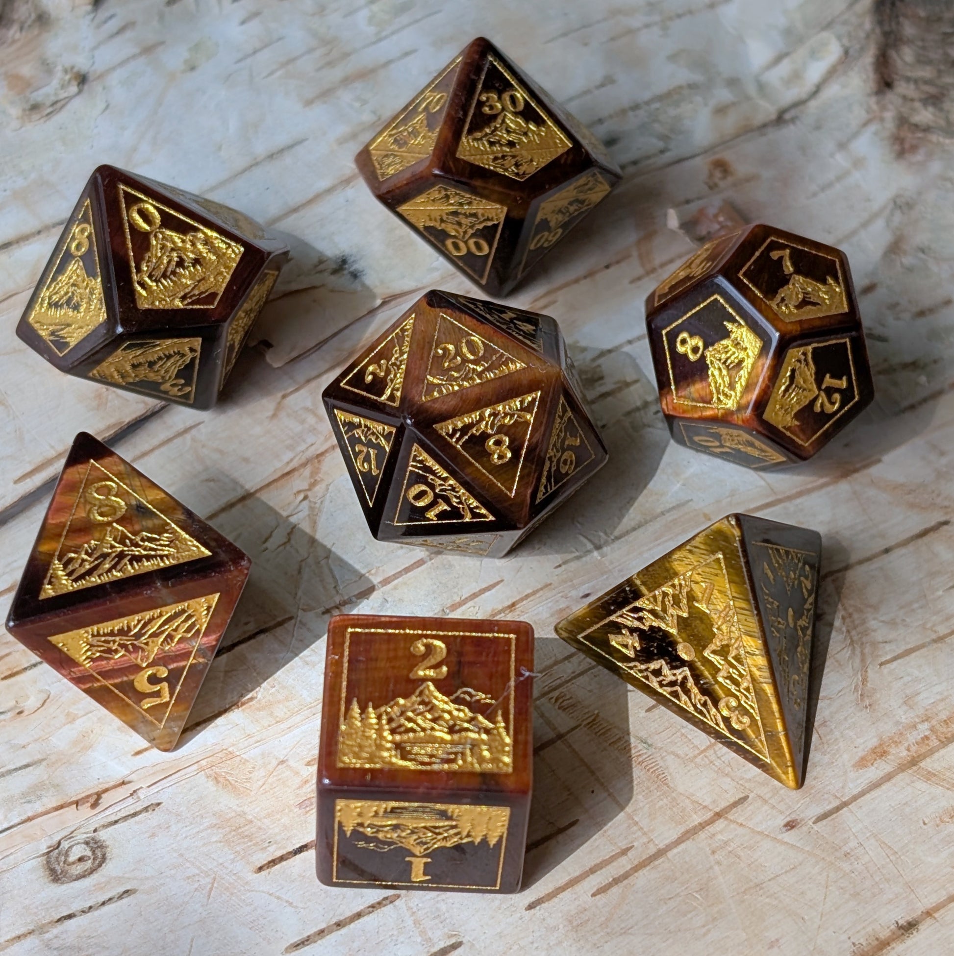 Everwild – Red Tiger Eye Gemstone Dice Set, Forest and Mountain Etched, TTRPG 7 Piece Dice Fennek and Finch