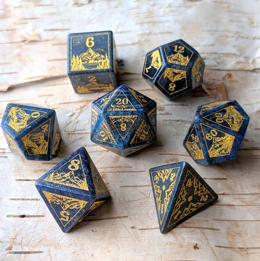 Everwild – Lapis Gemstone Dice Set, Forest and Mountain Etched, TTRPG 7 Piece Dice Fennek and Finch