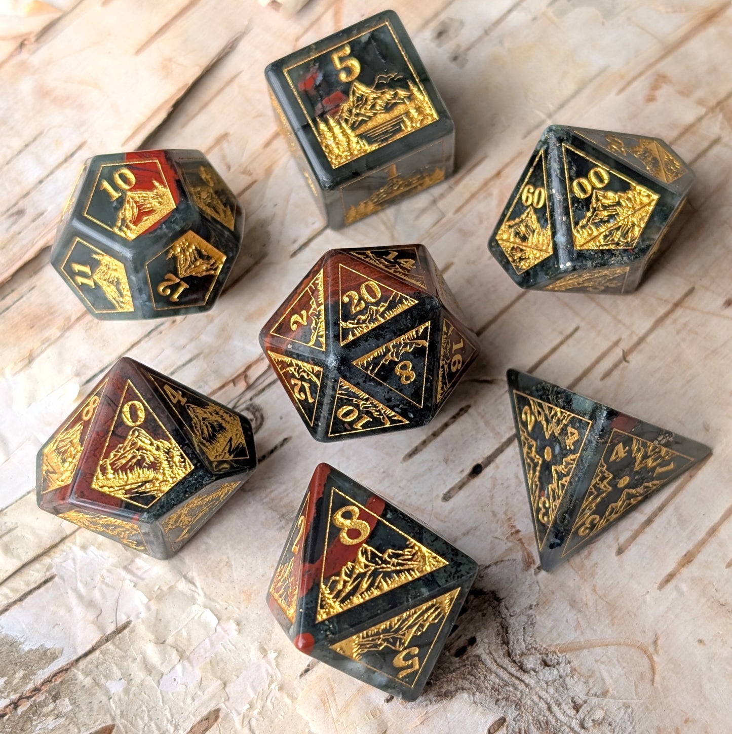 Everwild – Bloodstone Gemstone Dice Set, Forest and Mountain Etched, TTRPG 7 Piece Dice Fennek and Finch