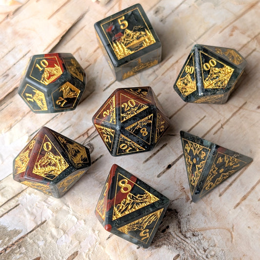 Everwild – Bloodstone Gemstone Dice Set, Forest and Mountain Etched, TTRPG 7 Piece Dice Fennek and Finch