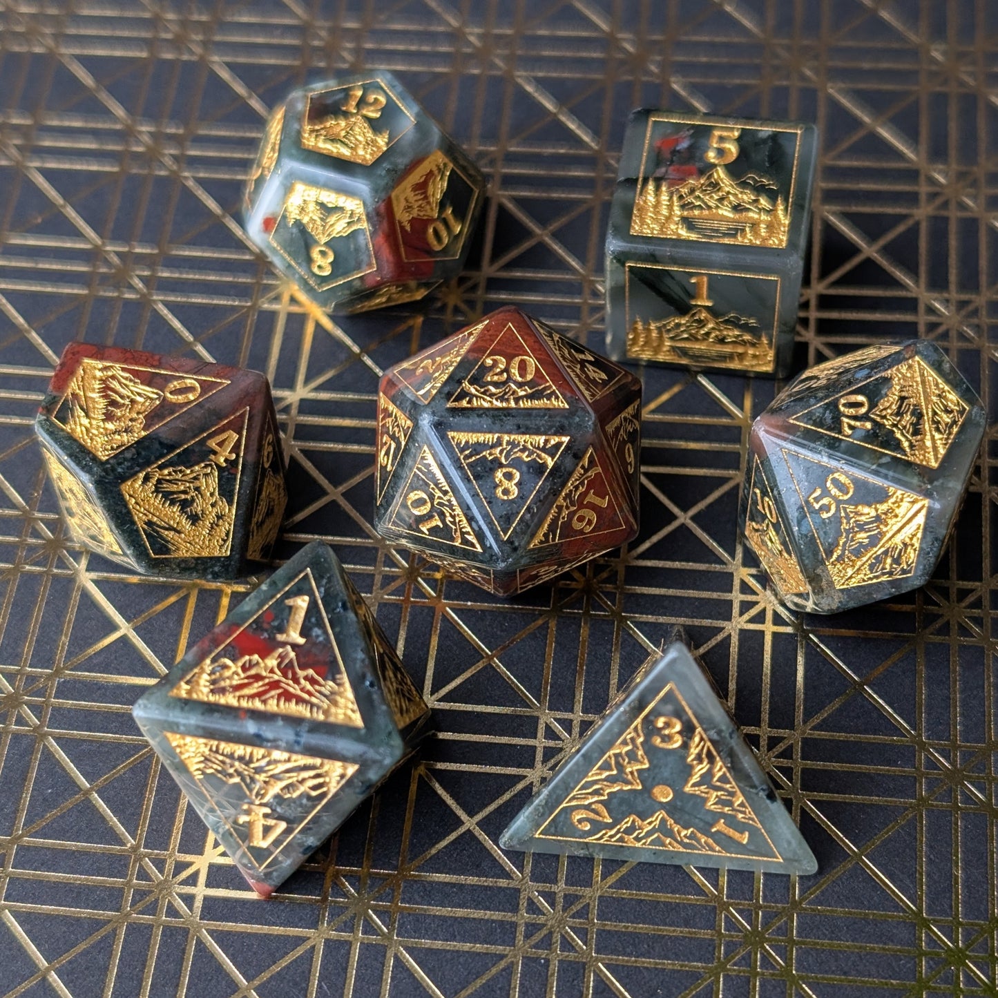 Everwild – Bloodstone Gemstone Dice Set, Forest and Mountain Etched, TTRPG 7 Piece Dice Fennek and Finch