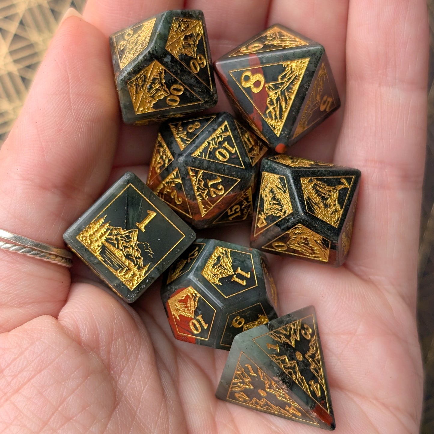 Everwild – Bloodstone Gemstone Dice Set, Forest and Mountain Etched, TTRPG 7 Piece Dice Fennek and Finch