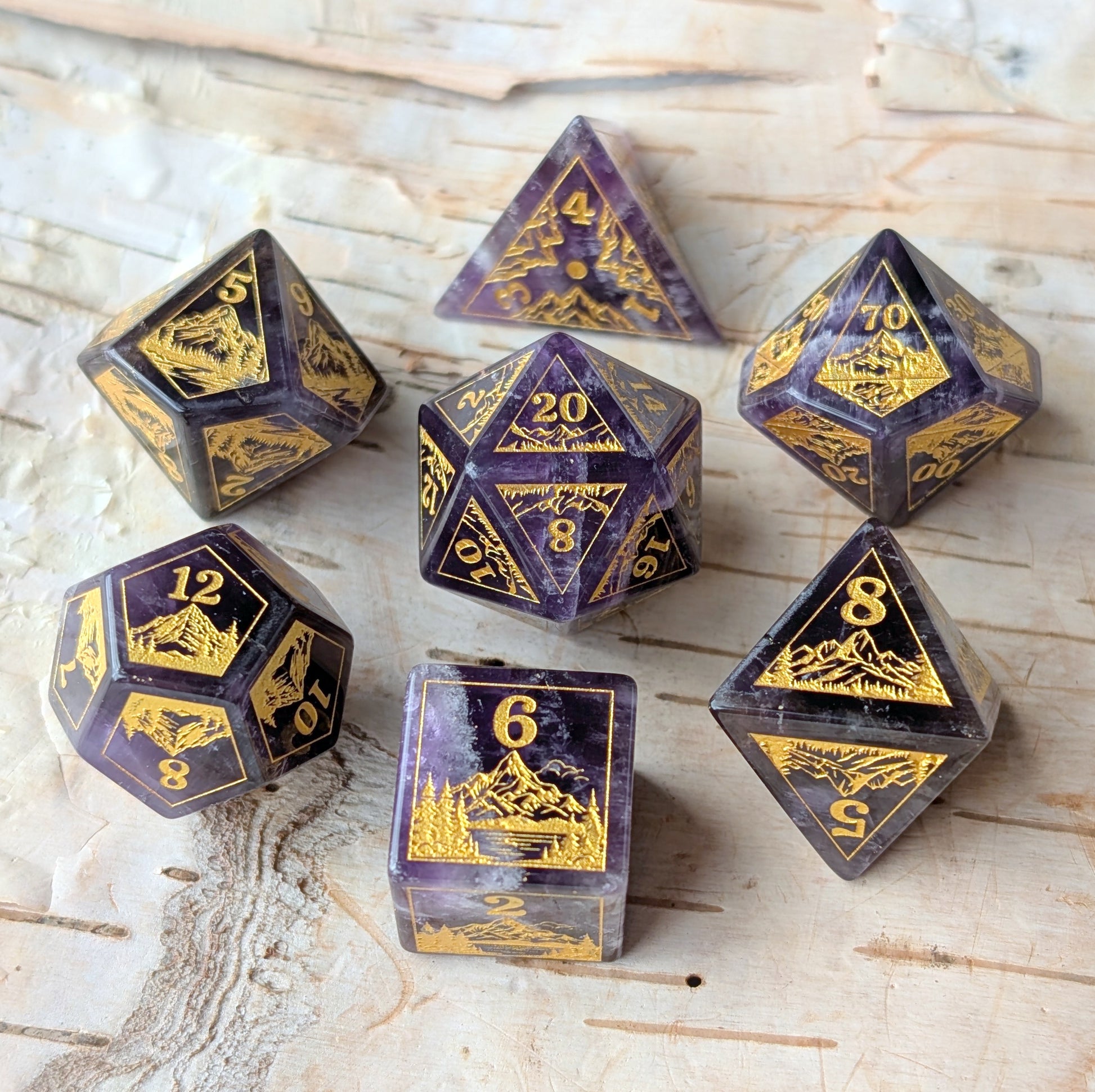 Everwild – Amethyst Gemstone Dice Set, Forest and Mountain Etched, TTRPG 7 Piece Dice Fennek and Finch
