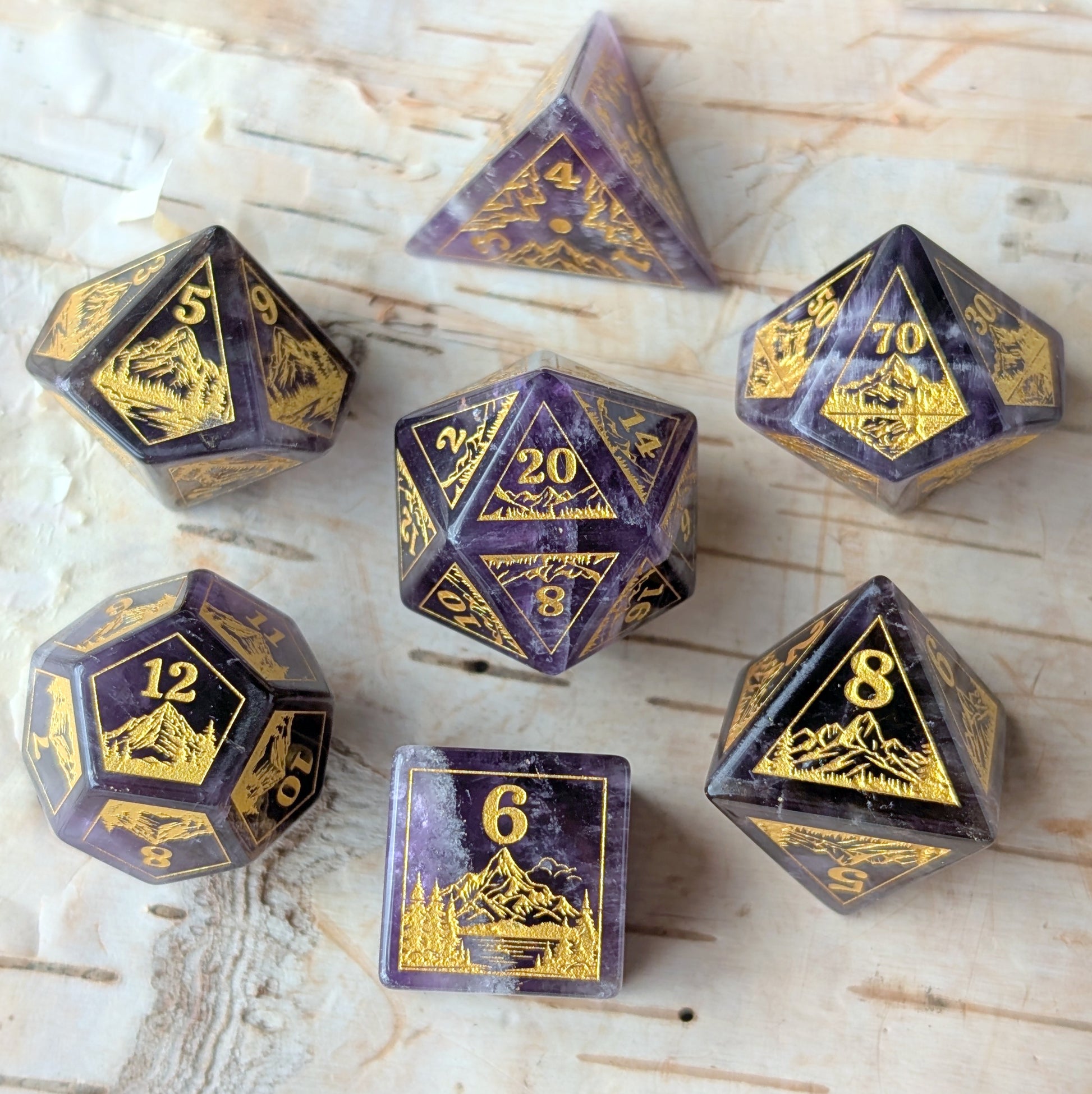 Everwild – Amethyst Gemstone Dice Set, Forest and Mountain Etched, TTRPG 7 Piece Dice Fennek and Finch