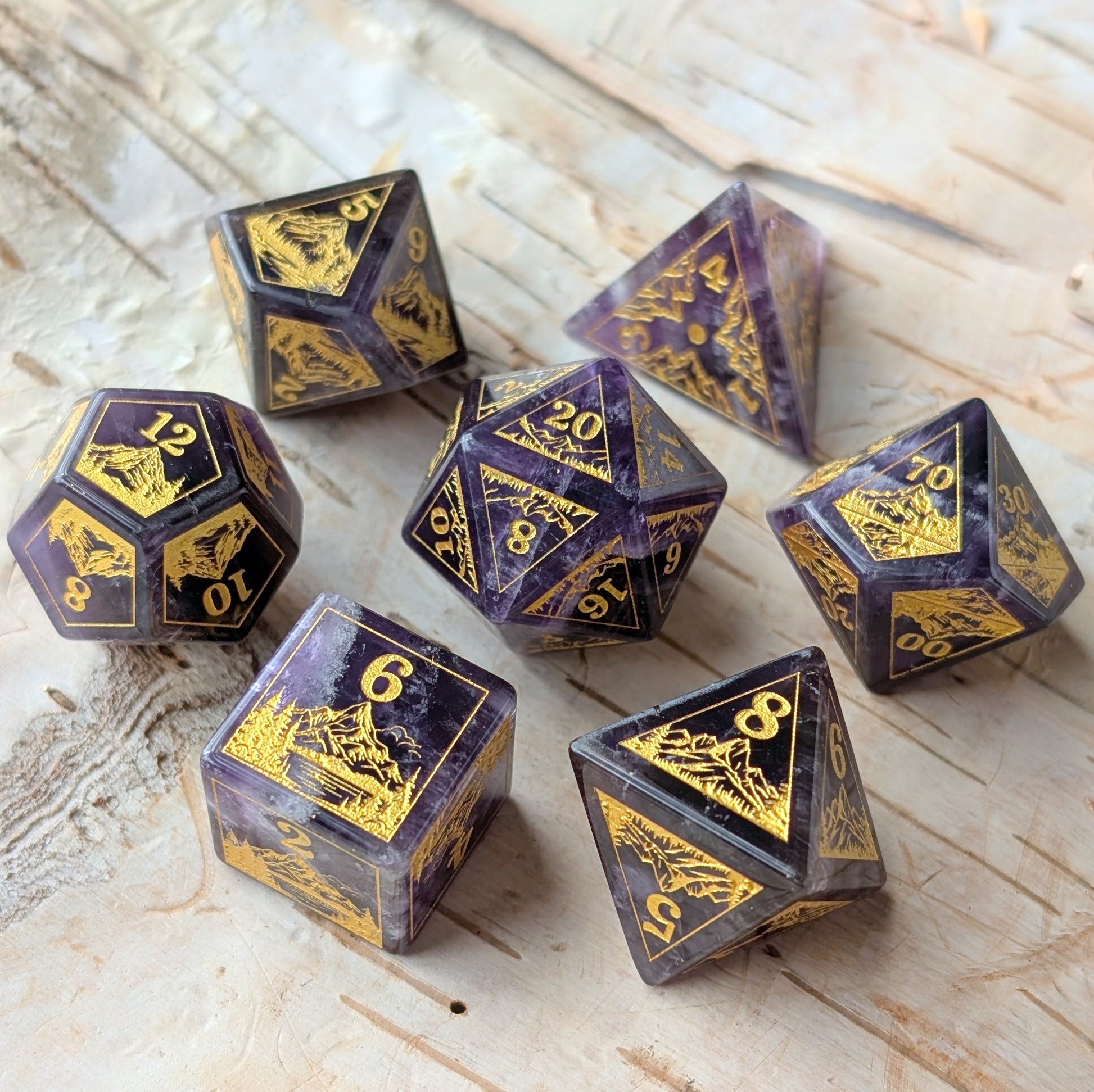 Everwild – Amethyst Gemstone Dice Set, Forest and Mountain Etched, TTRPG 7 Piece Dice Fennek and Finch