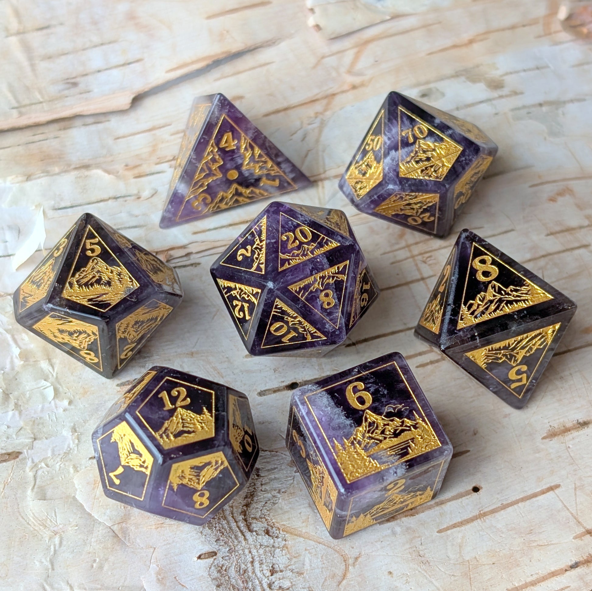 Everwild – Amethyst Gemstone Dice Set, Forest and Mountain Etched, TTRPG 7 Piece Dice Fennek and Finch
