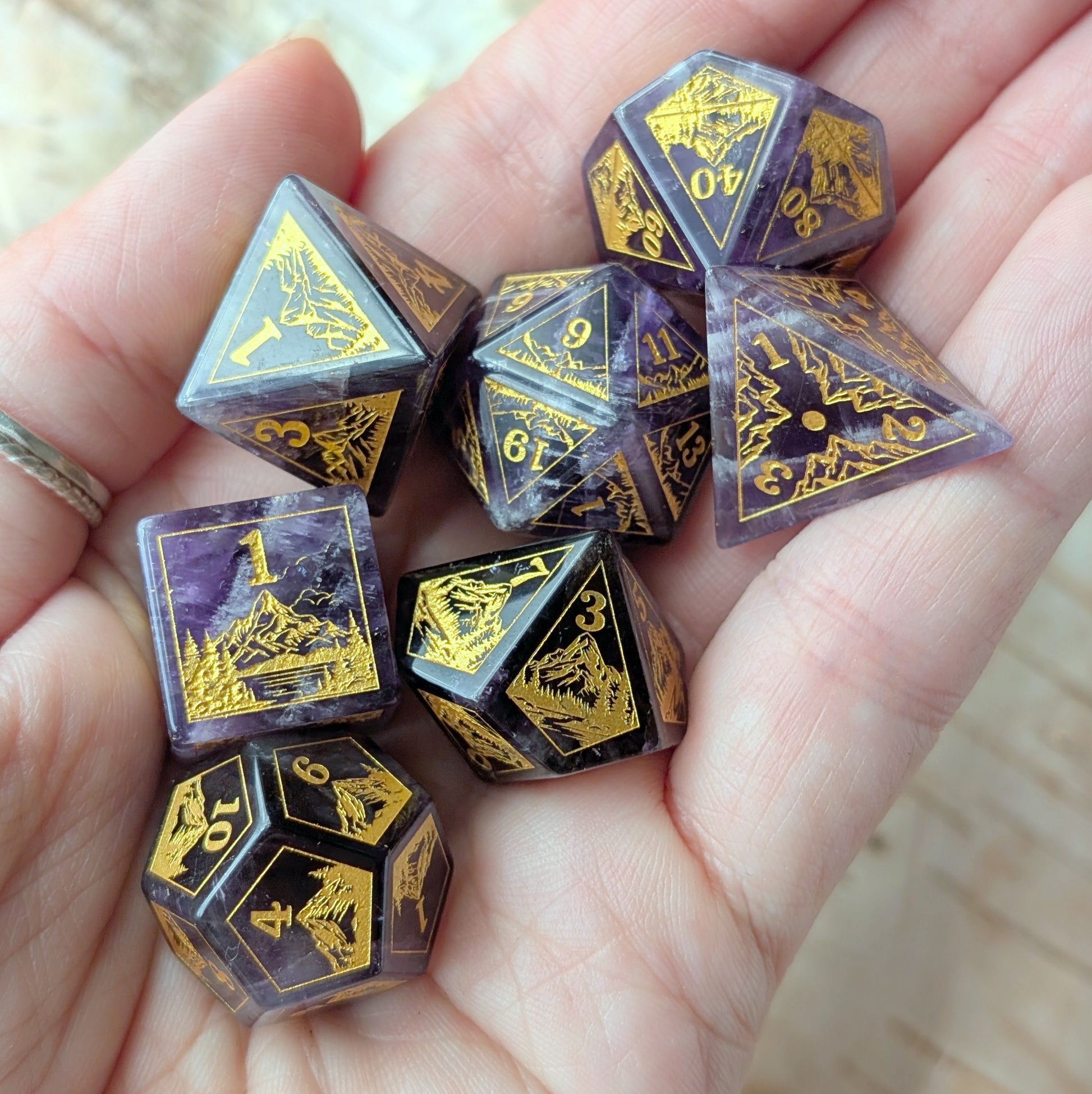 Everwild – Amethyst Gemstone Dice Set, Forest and Mountain Etched, TTRPG 7 Piece Dice Fennek and Finch