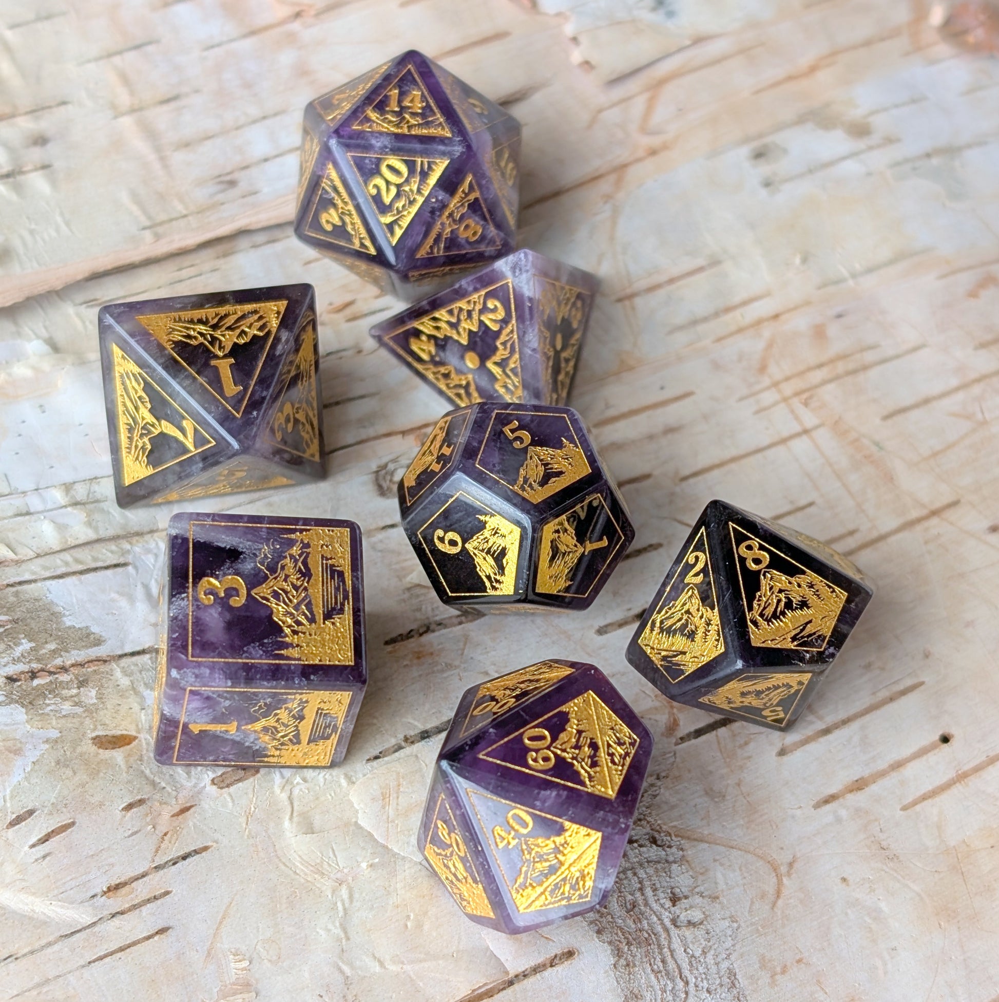 Everwild – Amethyst Gemstone Dice Set, Forest and Mountain Etched, TTRPG 7 Piece Dice Fennek and Finch