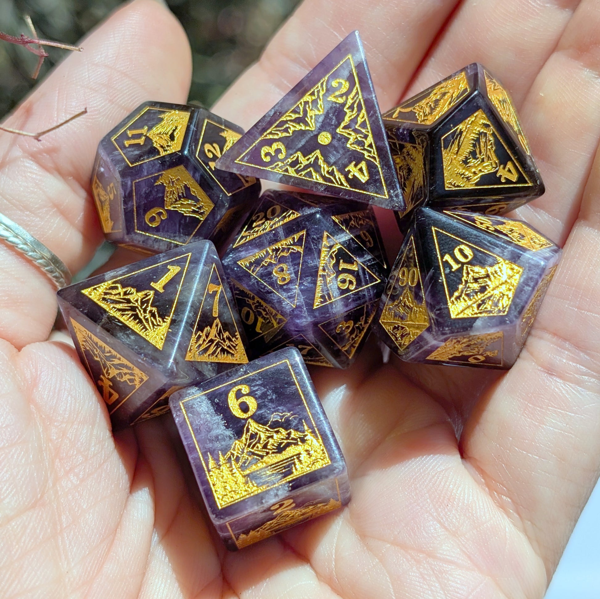 Everwild – Amethyst Gemstone Dice Set, Forest and Mountain Etched, TTRPG 7 Piece Dice Fennek and Finch