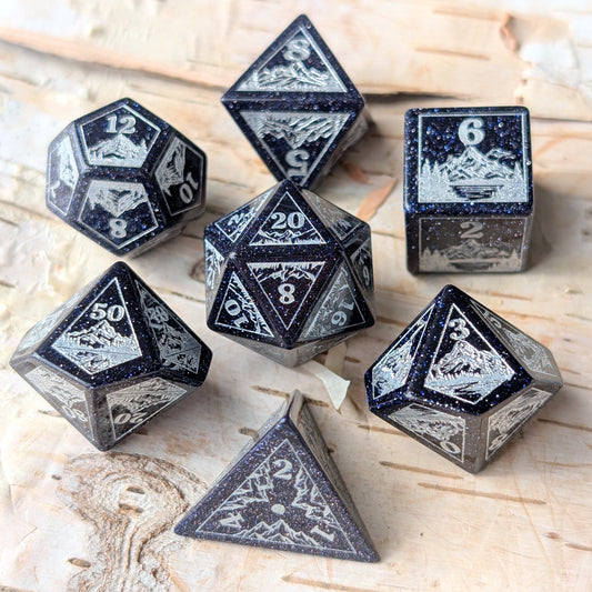 Everwild – Blue Goldstone Gemstone Dice Set, Forest and Mountain Etched, TTRPG 7 Piece Dice Fennek and Finch