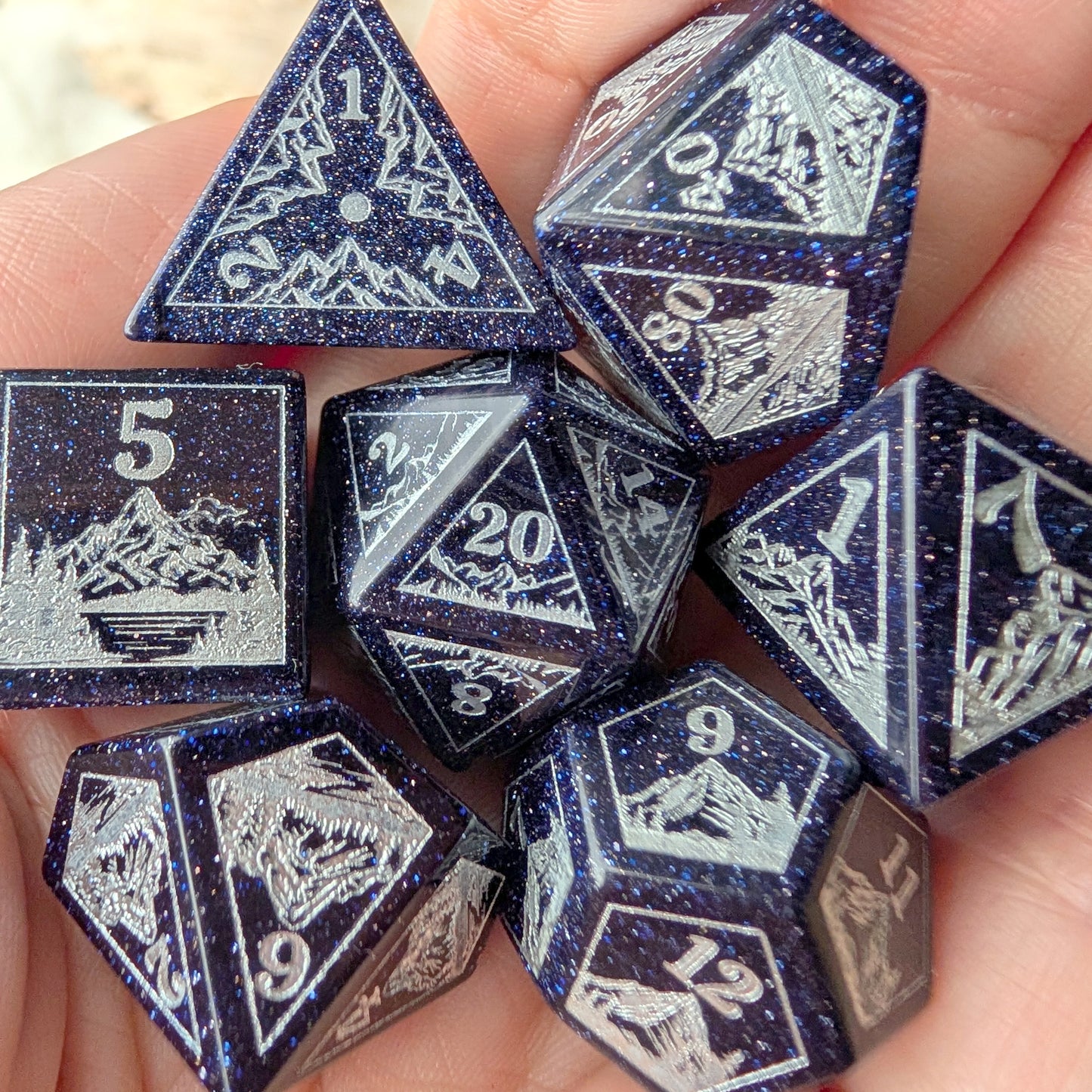 Everwild Blue Goldstone Gemstone Dice – Forest & Mountain Etched 7-Piece Set | Fennek & Finch Dice Sets & Games Fennek and Finch