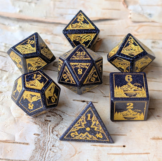 Everwild – Blue Goldstone Gemstone Dice Set, Forest and Mountain Etched, TTRPG 7 Piece Dice Fennek and Finch