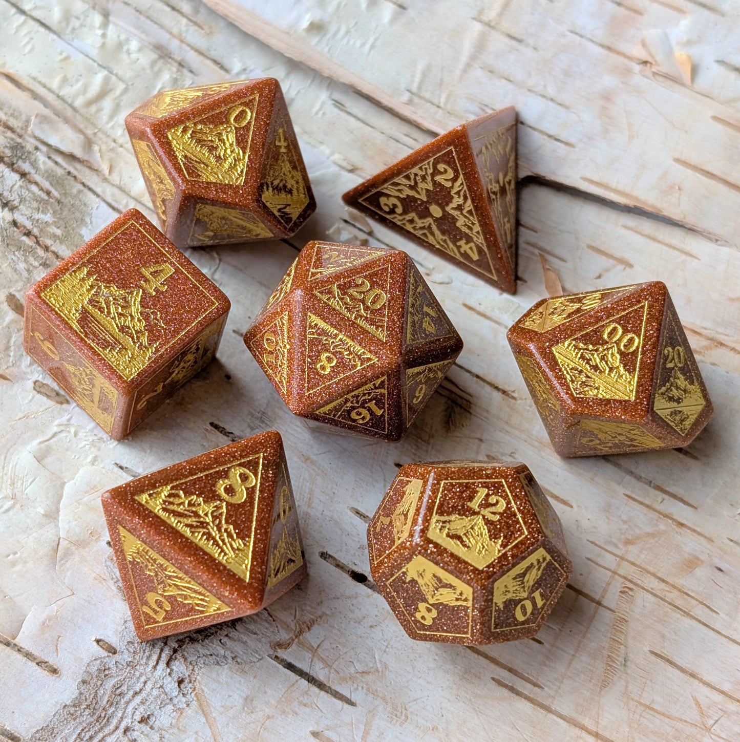 Everwild – Goldstone Gemstone Dice Set, Forest and Mountain Etched, TTRPG 7 Piece Dice Fennek and Finch
