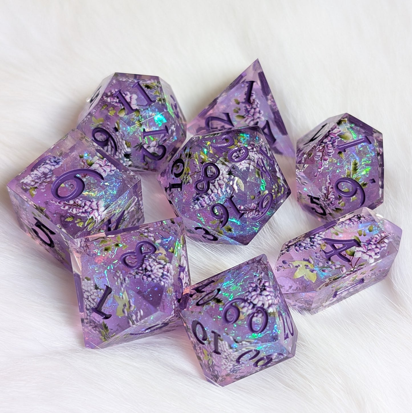 Wisteria Garden Dice Set - Sharp Edge Resin DnD Dice with Bonus Crystal D4 Dice Sets & Games Fennek and Finch