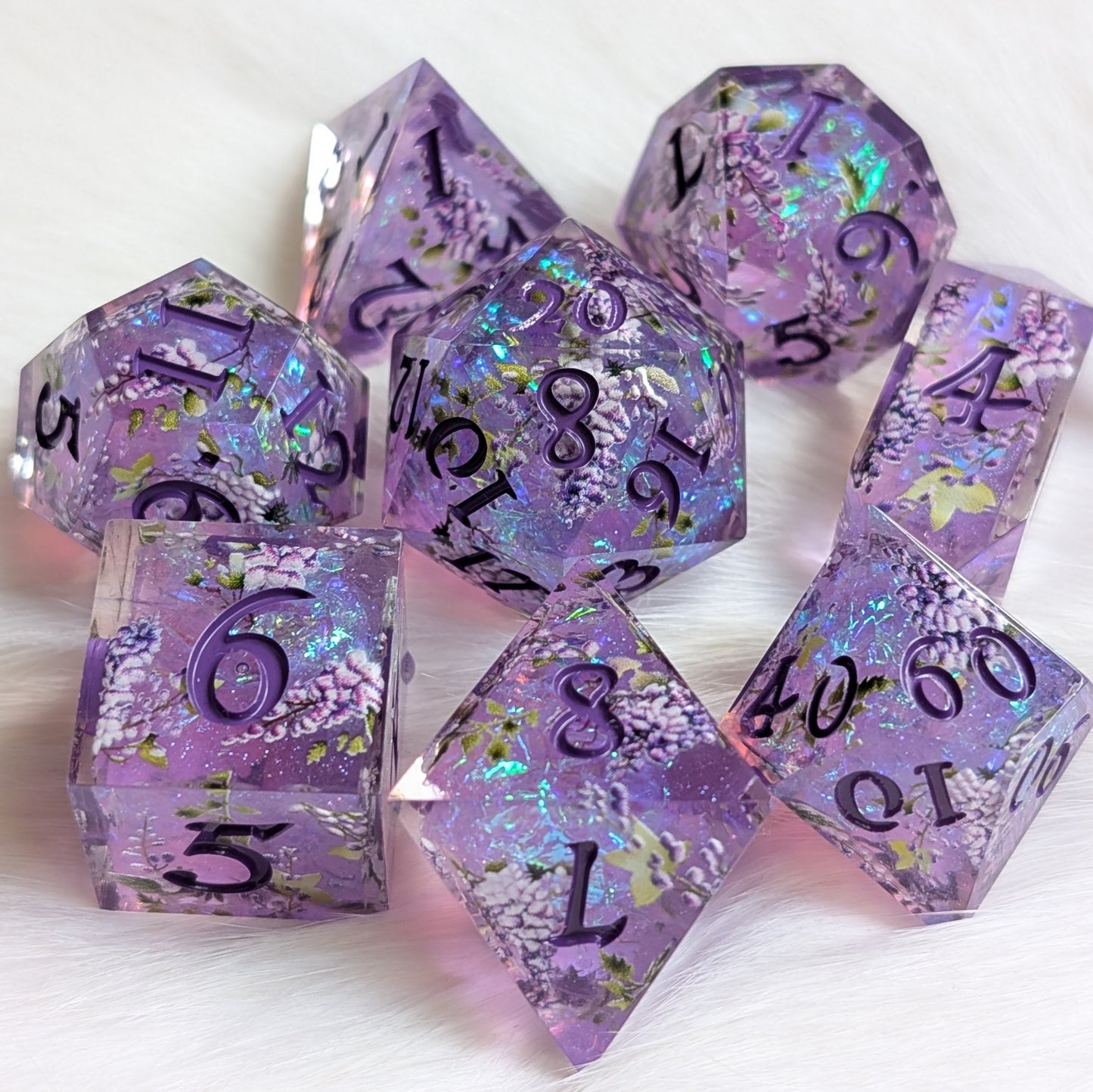 Wisteria Garden Dice Set - Sharp Edge Resin DnD Dice with Bonus Crystal D4 Dice Sets & Games Fennek and Finch