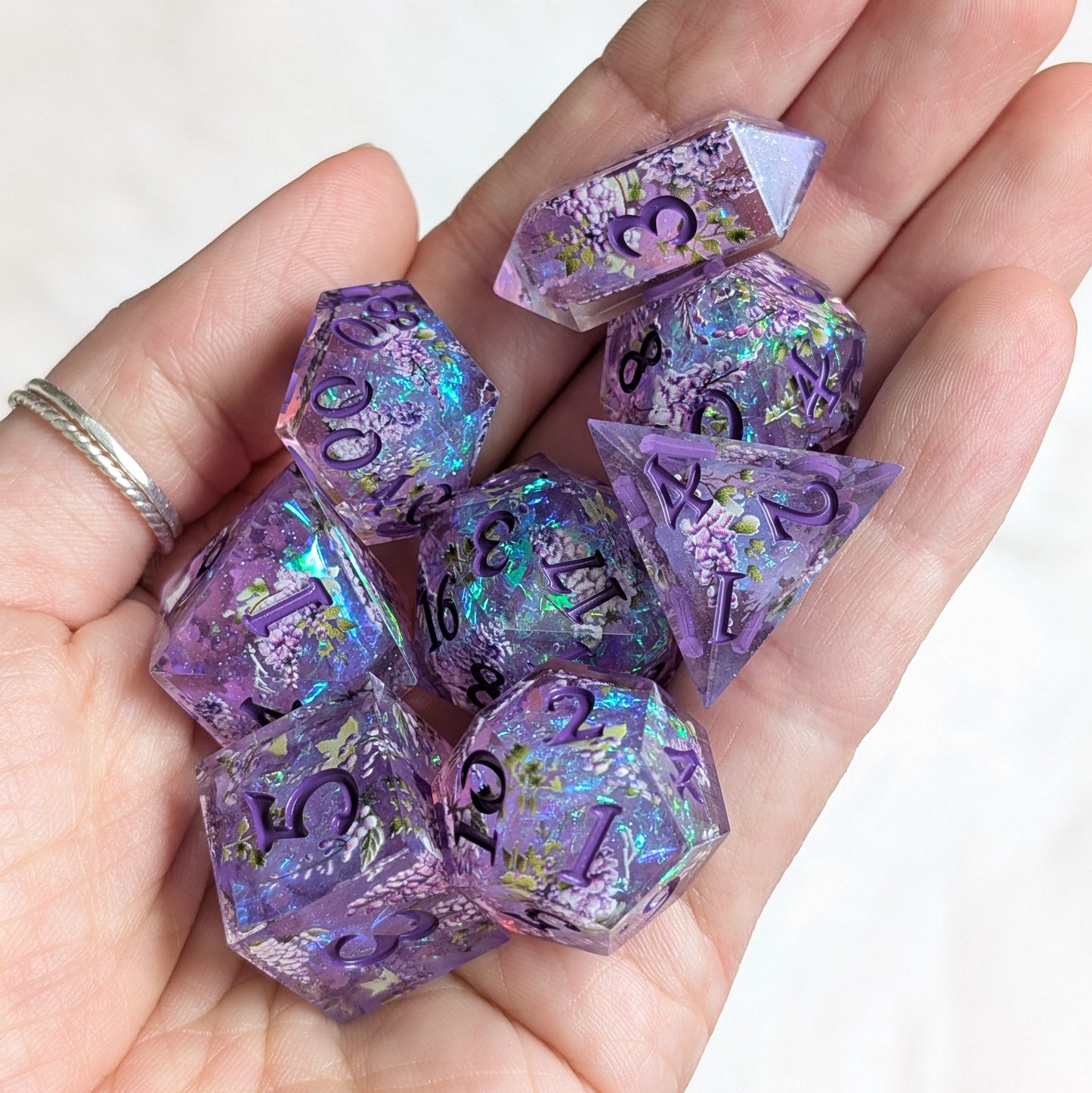 Wisteria Garden Dice Set - Sharp Edge Resin DnD Dice with Bonus Crystal D4 Dice Sets & Games Fennek and Finch