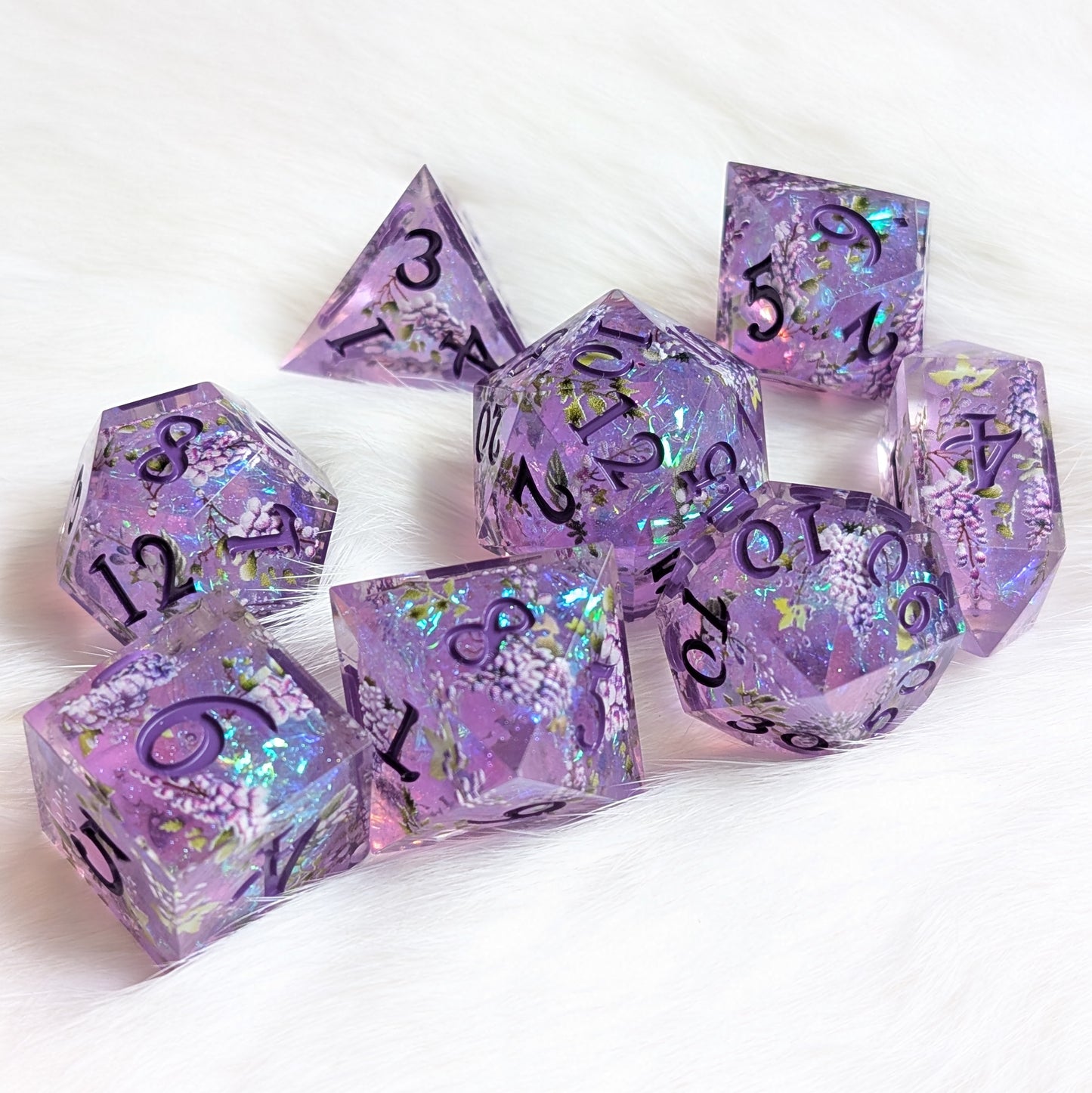 Wisteria Garden Dice Set - Sharp Edge Resin DnD Dice with Bonus Crystal D4 Dice Sets & Games Fennek and Finch