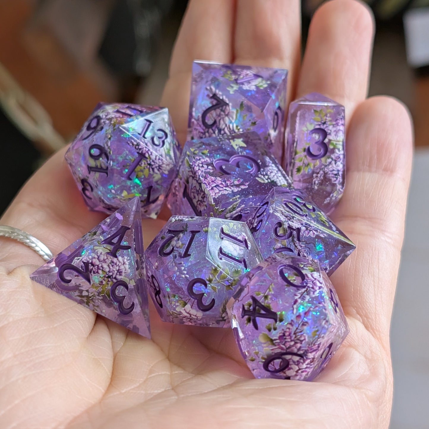 Wisteria Garden Dice Set - Sharp Edge Resin DnD Dice with Bonus Crystal D4 Dice Sets & Games Fennek and Finch