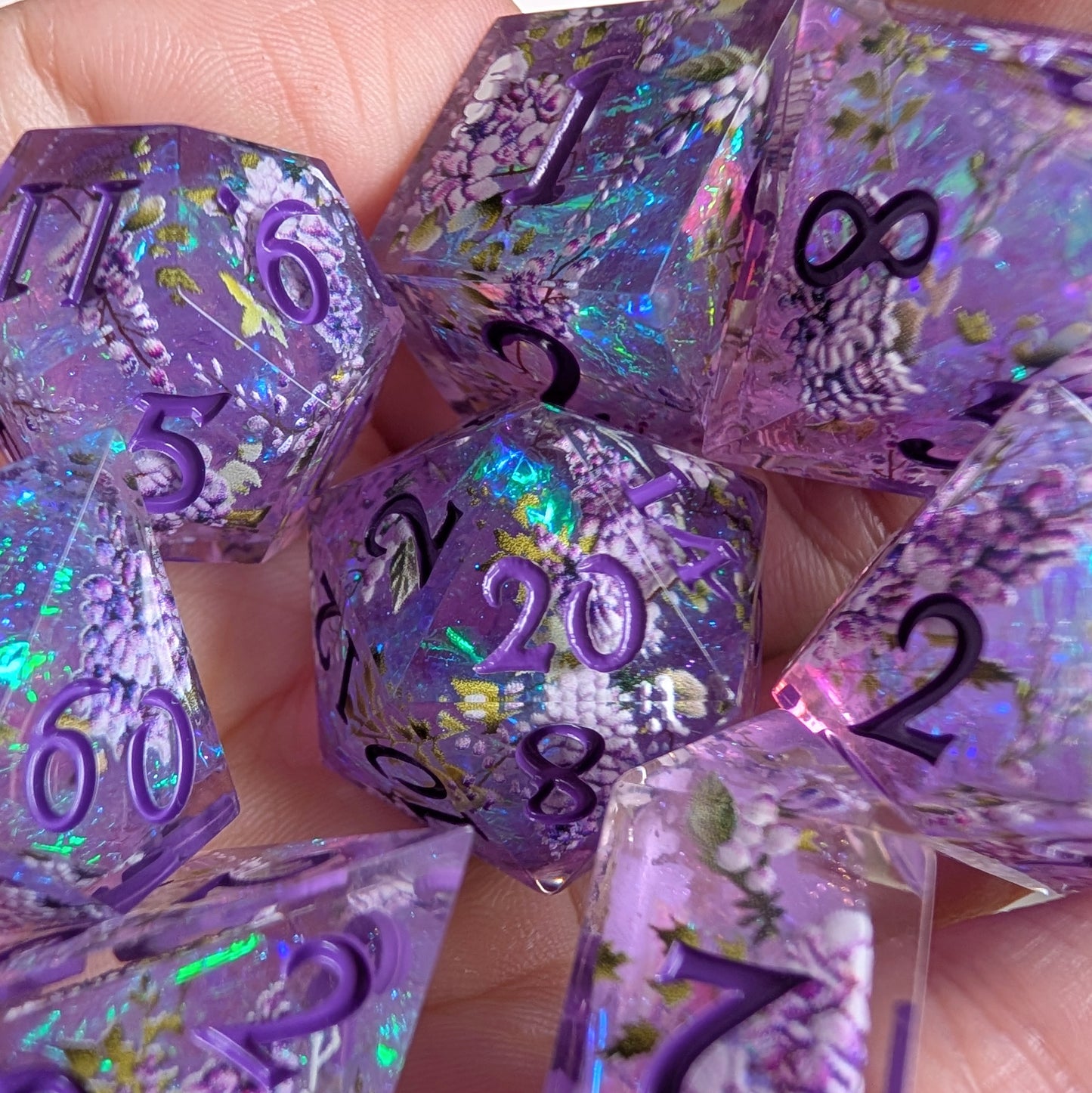 Wisteria Garden Dice Set - Sharp Edge Resin DnD Dice with Bonus Crystal D4 Dice Sets & Games Fennek and Finch