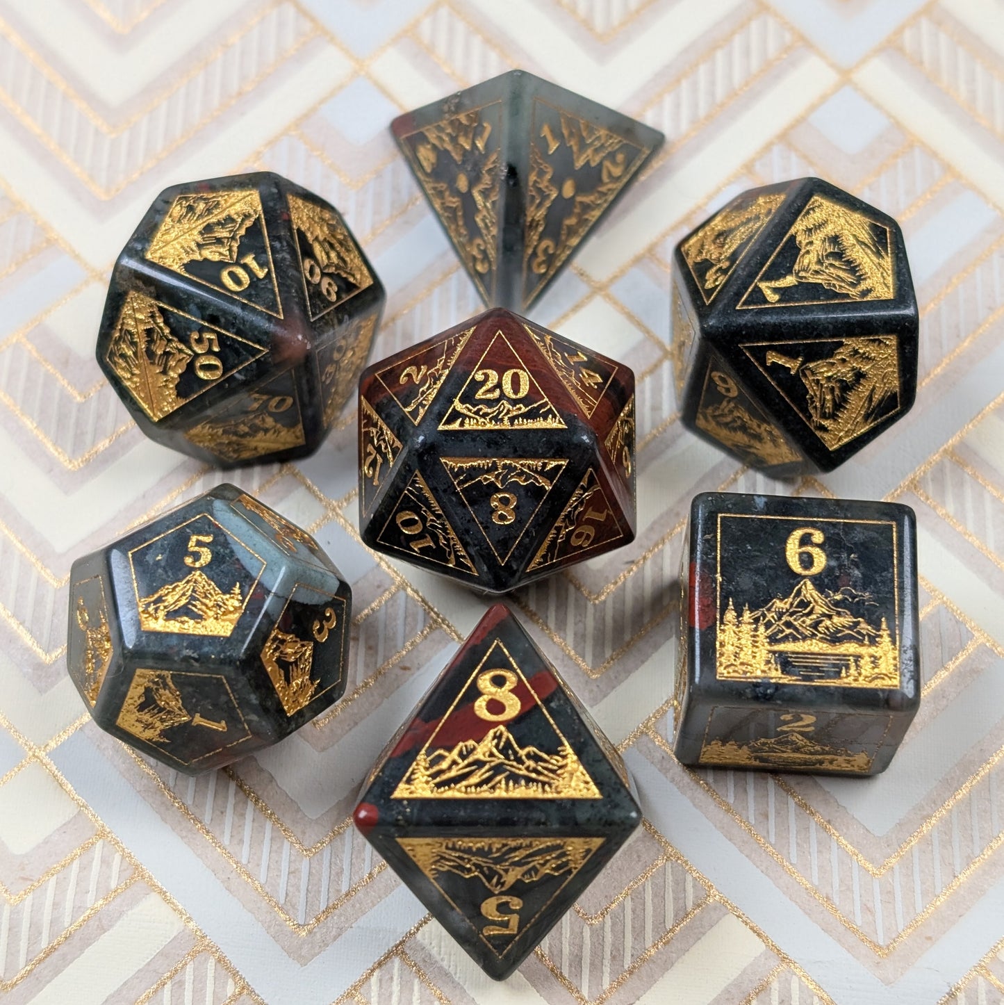 Everwild – Bloodstone Gemstone Dice Set, Forest and Mountain Etched, TTRPG 7 Piece Dice Fennek and Finch