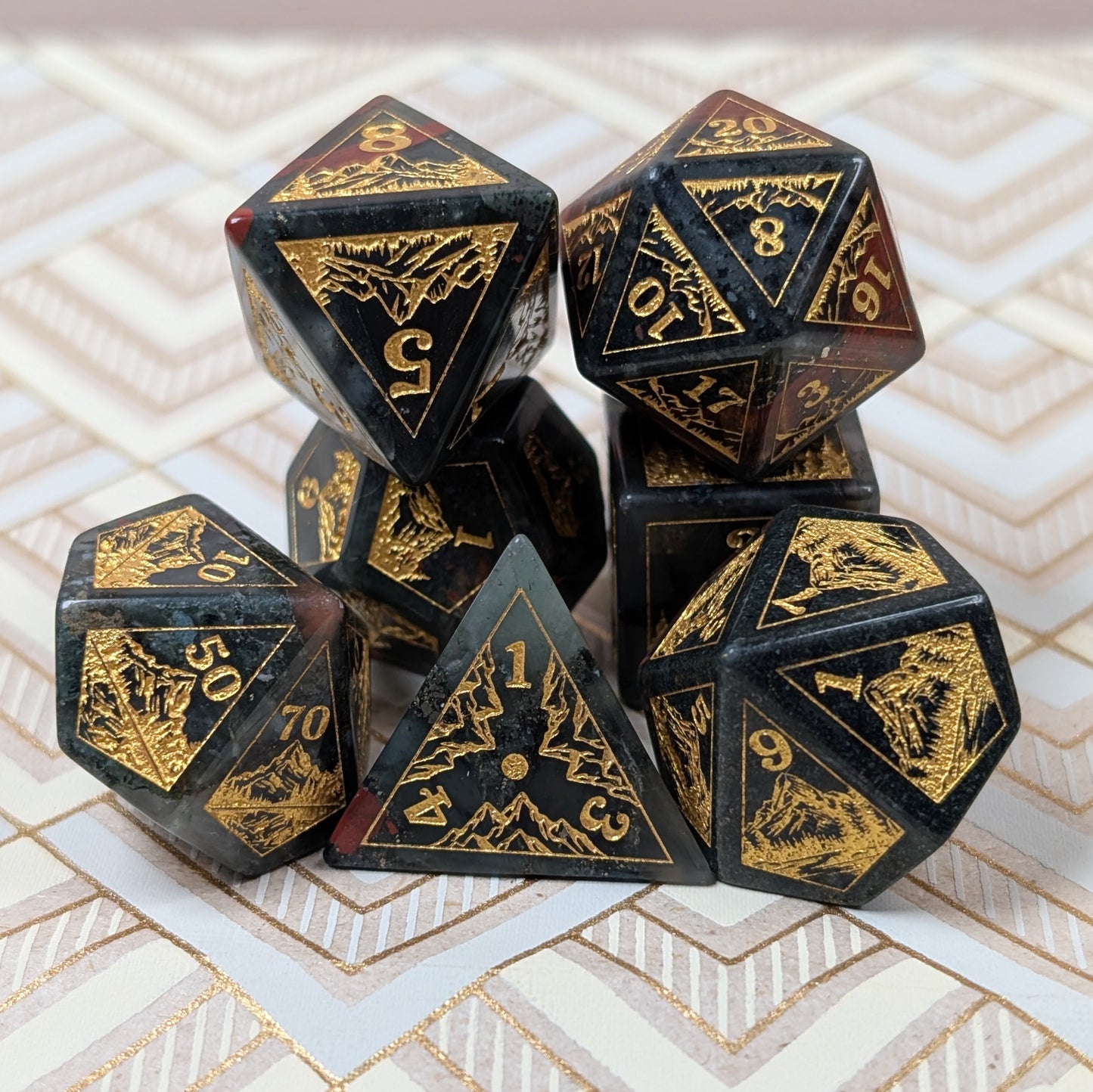 Everwild – Bloodstone Gemstone Dice Set, Forest and Mountain Etched, TTRPG 7 Piece Dice Fennek and Finch