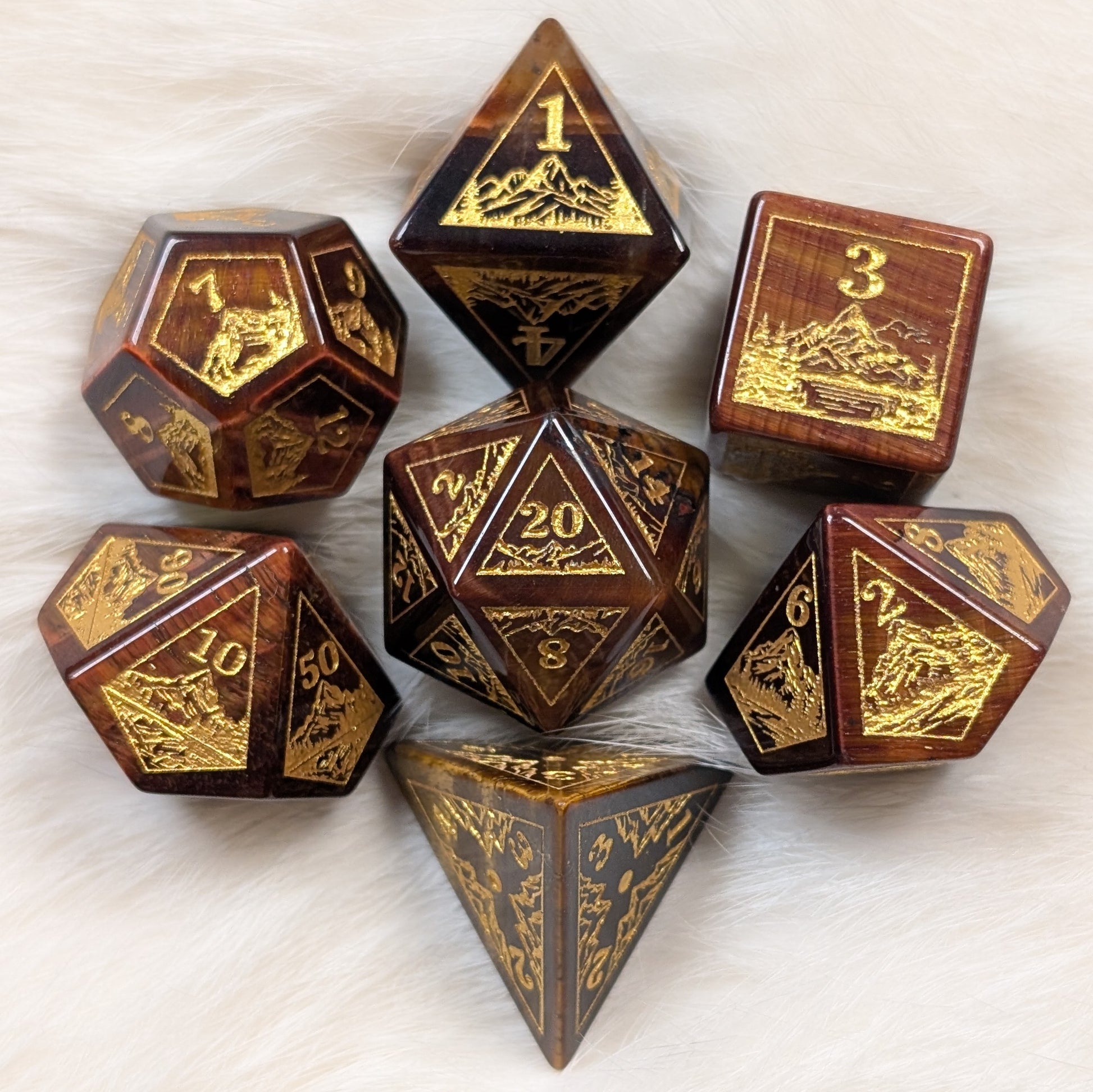 Everwild – Red Tiger Eye Gemstone Dice Set, Forest and Mountain Etched, TTRPG 7 Piece Dice Fennek and Finch
