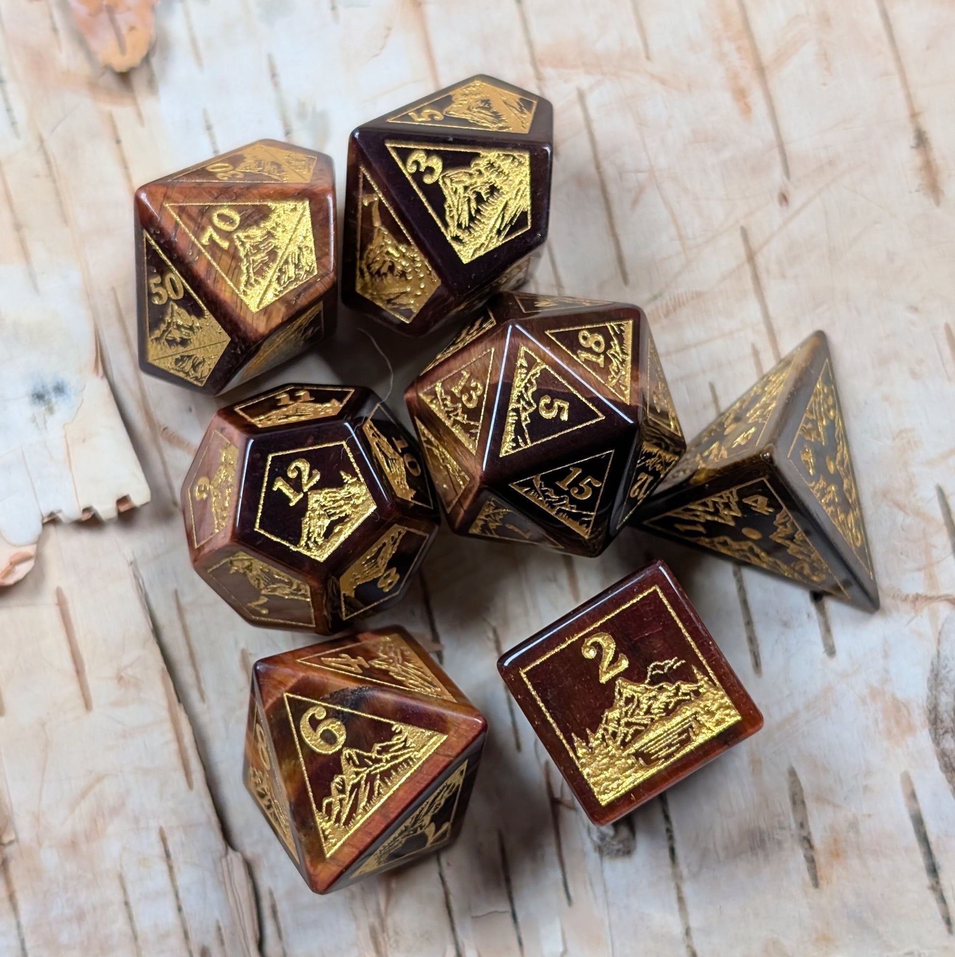 Everwild – Red Tiger Eye Gemstone Dice Set, Forest and Mountain Etched, TTRPG 7 Piece Dice Fennek and Finch