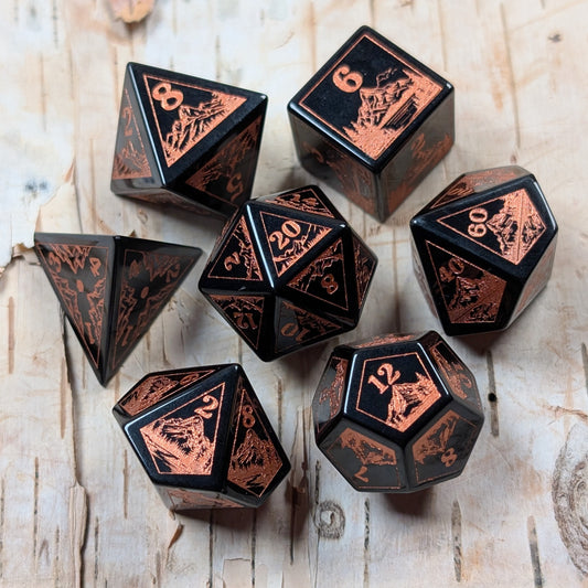Everwild – Obsidian Glass Dice Set, Forest and Mountain Etched, TTRPG 7 Piece Dice Fennek and Finch