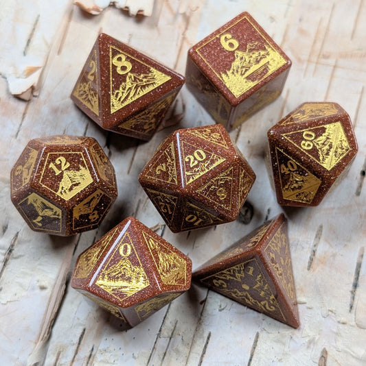 Everwild – Goldstone Gemstone Dice Set, Forest and Mountain Etched, TTRPG 7 Piece Dice Fennek and Finch