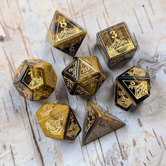 Everwild – Tiger Eye Gemstone Dice Set, Forest and Mountain Etched, TTRPG 7 Piece Dice Fennek and Finch
